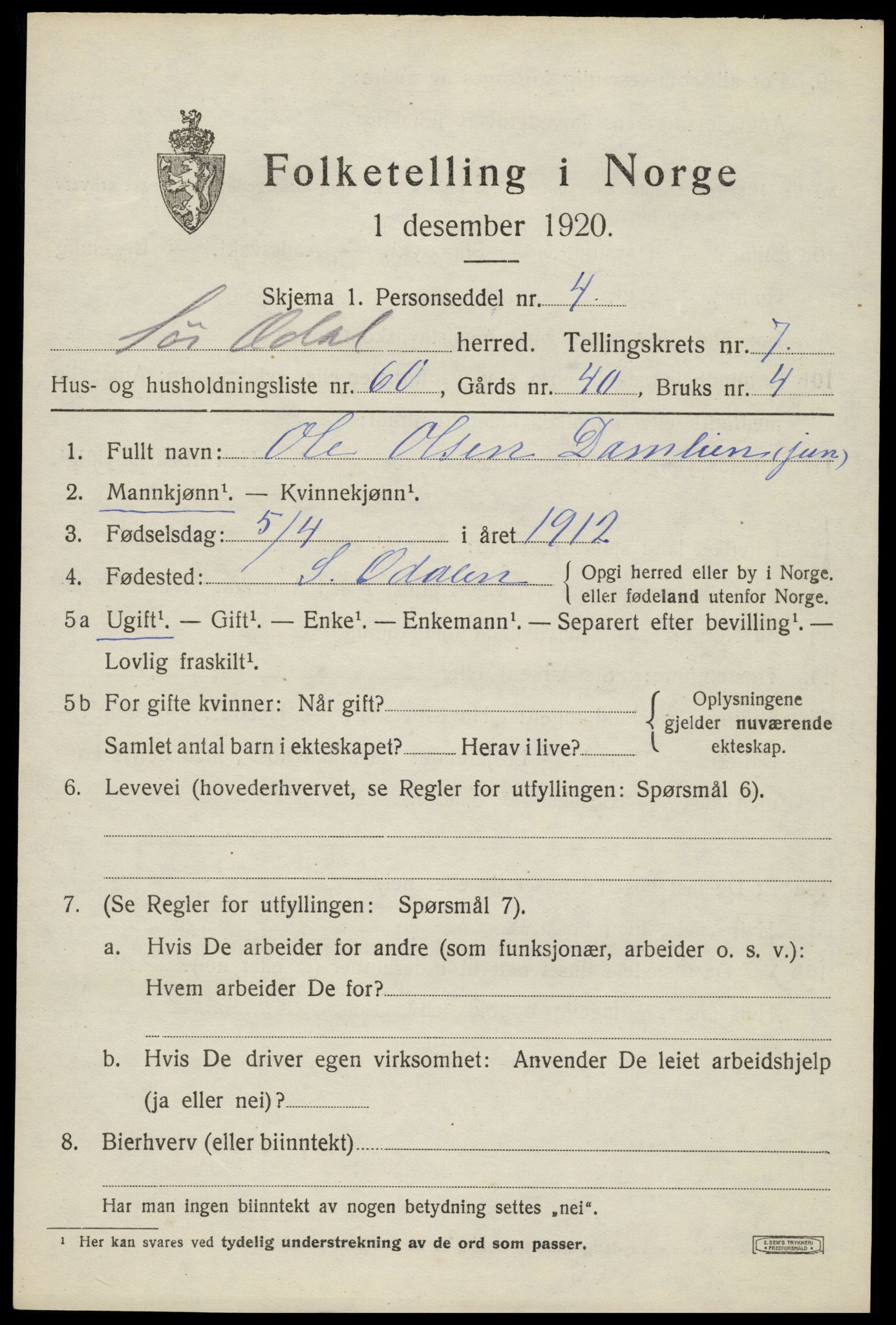 SAH, 1920 census for Sør-Odal, 1920, p. 9263