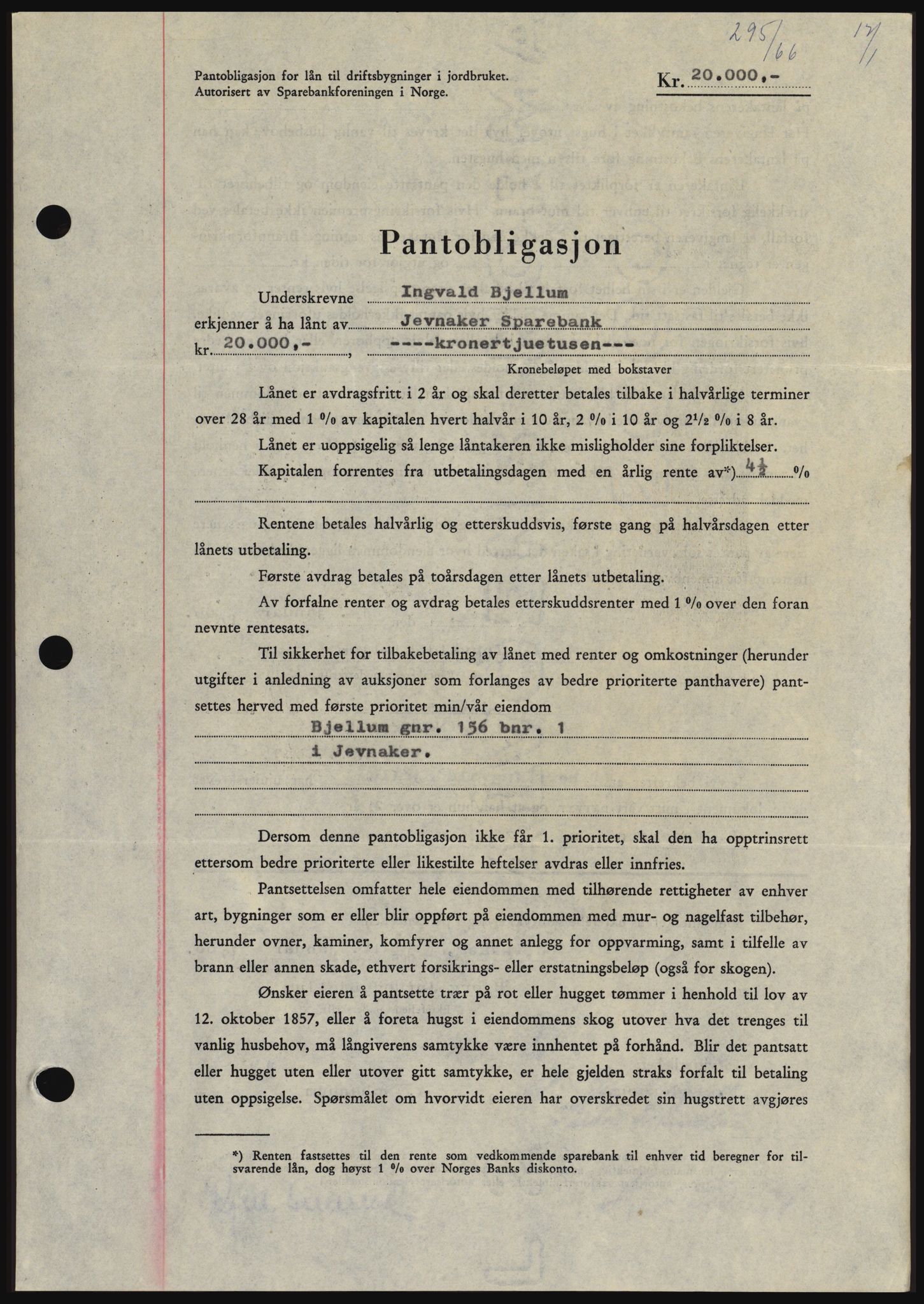 Hadeland og Land tingrett, SAH/TING-010/H/Hb/Hbc/L0061: Mortgage book no. B61, 1965-1966, Diary no: : 295/1966