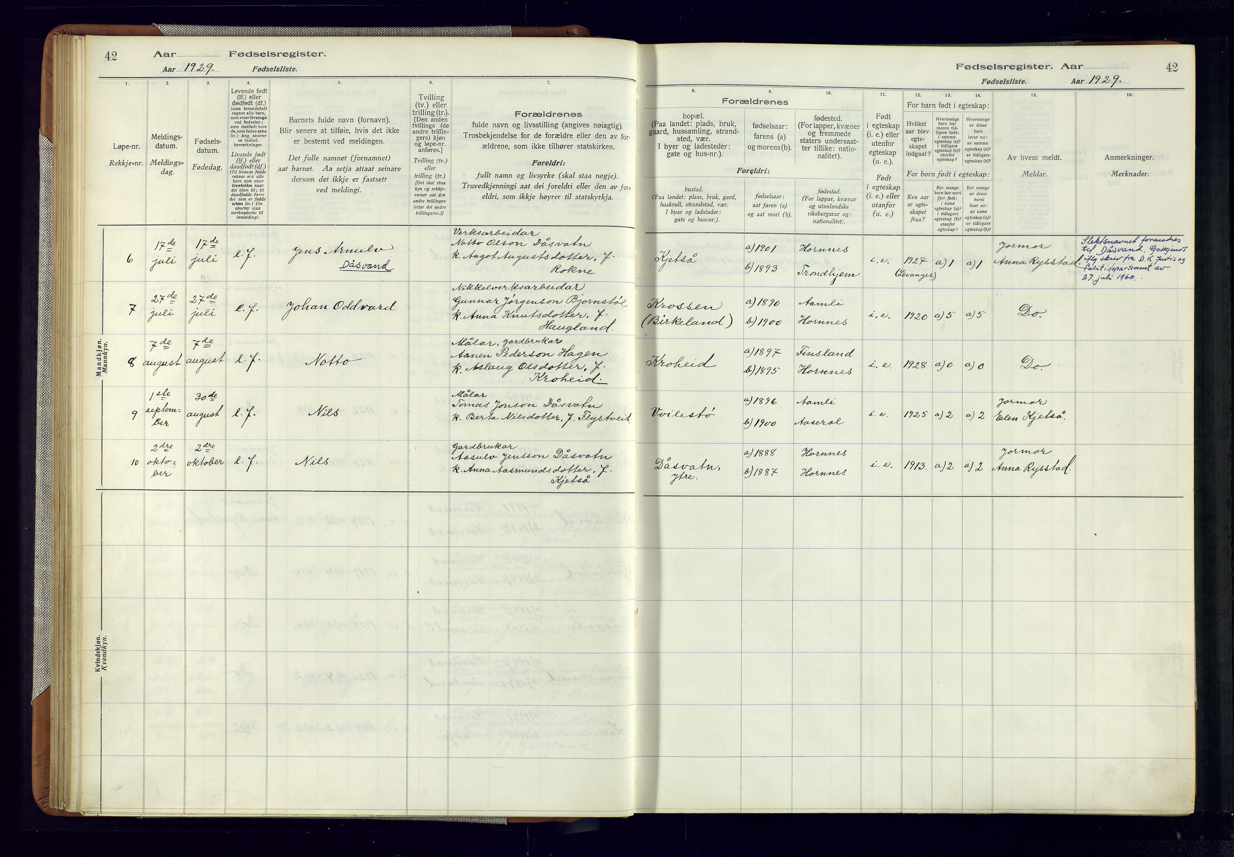 Evje sokneprestkontor, AV/SAK-1111-0008/J/Jc/L0006: Birth register no. 6, 1916-1982, p. 42