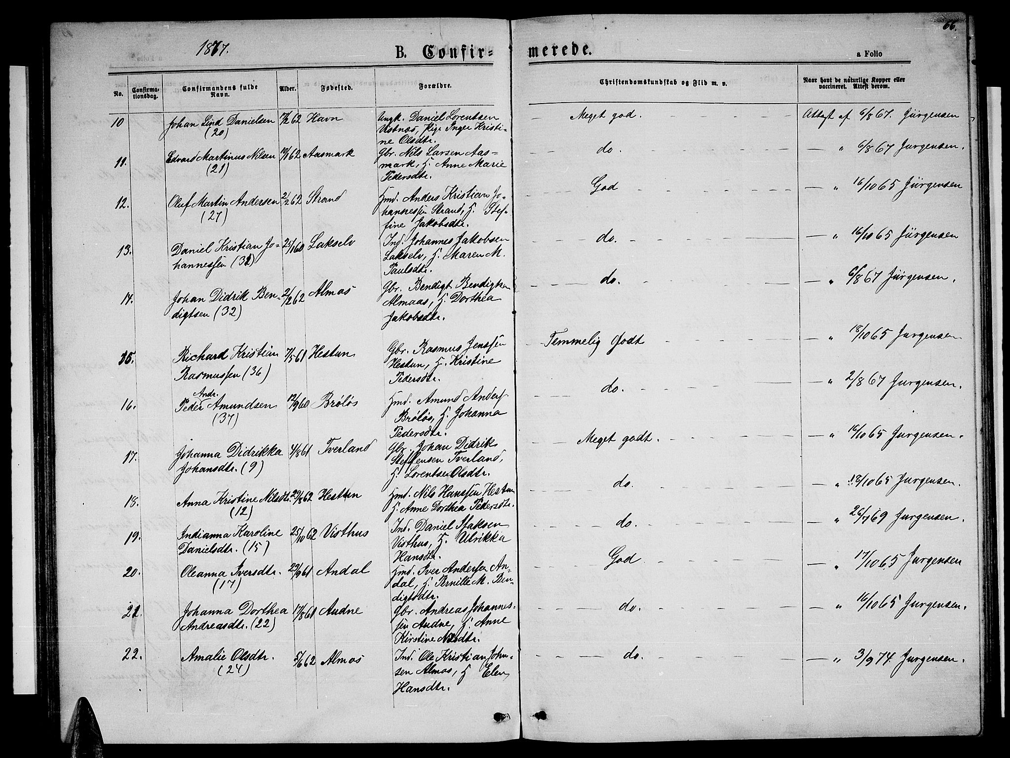 Ministerialprotokoller, klokkerbøker og fødselsregistre - Nordland, AV/SAT-A-1459/819/L0276: Parish register (copy) no. 819C02, 1869-1887, p. 66