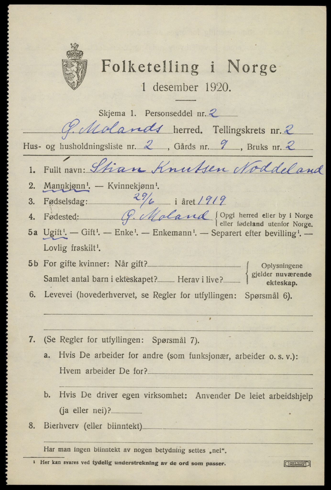 SAK, 1920 census for Austre Moland, 1920, p. 1261