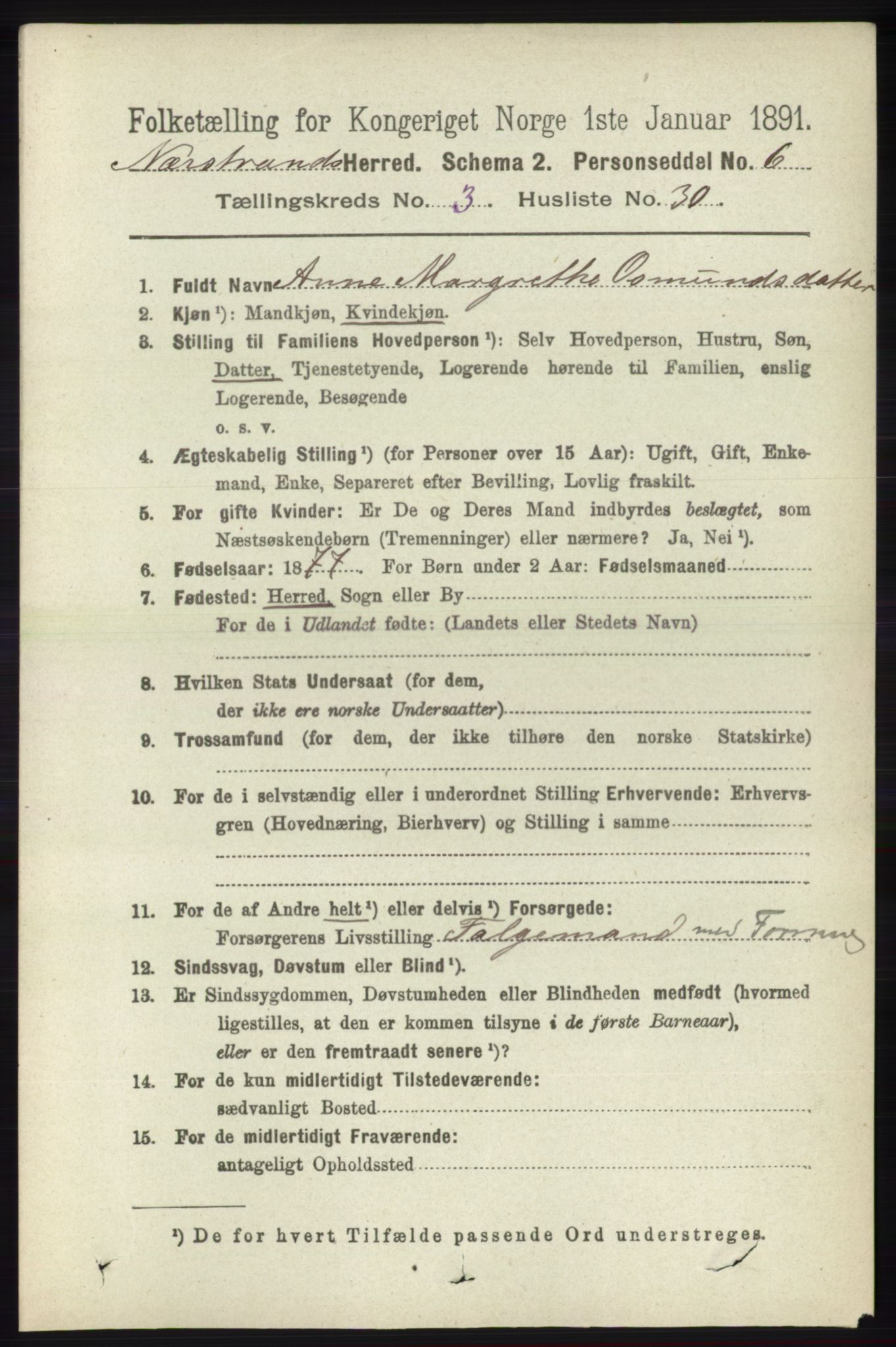 RA, 1891 census for 1139 Nedstrand, 1891, p. 613