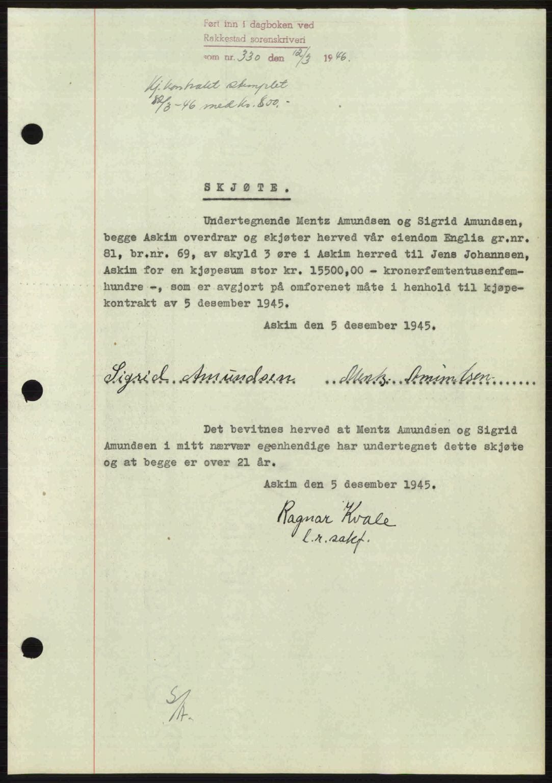 Rakkestad sorenskriveri, SAO/A-10686/G/Gb/Gba/Gbab/L0012a: Mortgage book no. A12 I, 1945-1946, Diary no: : 330/1946
