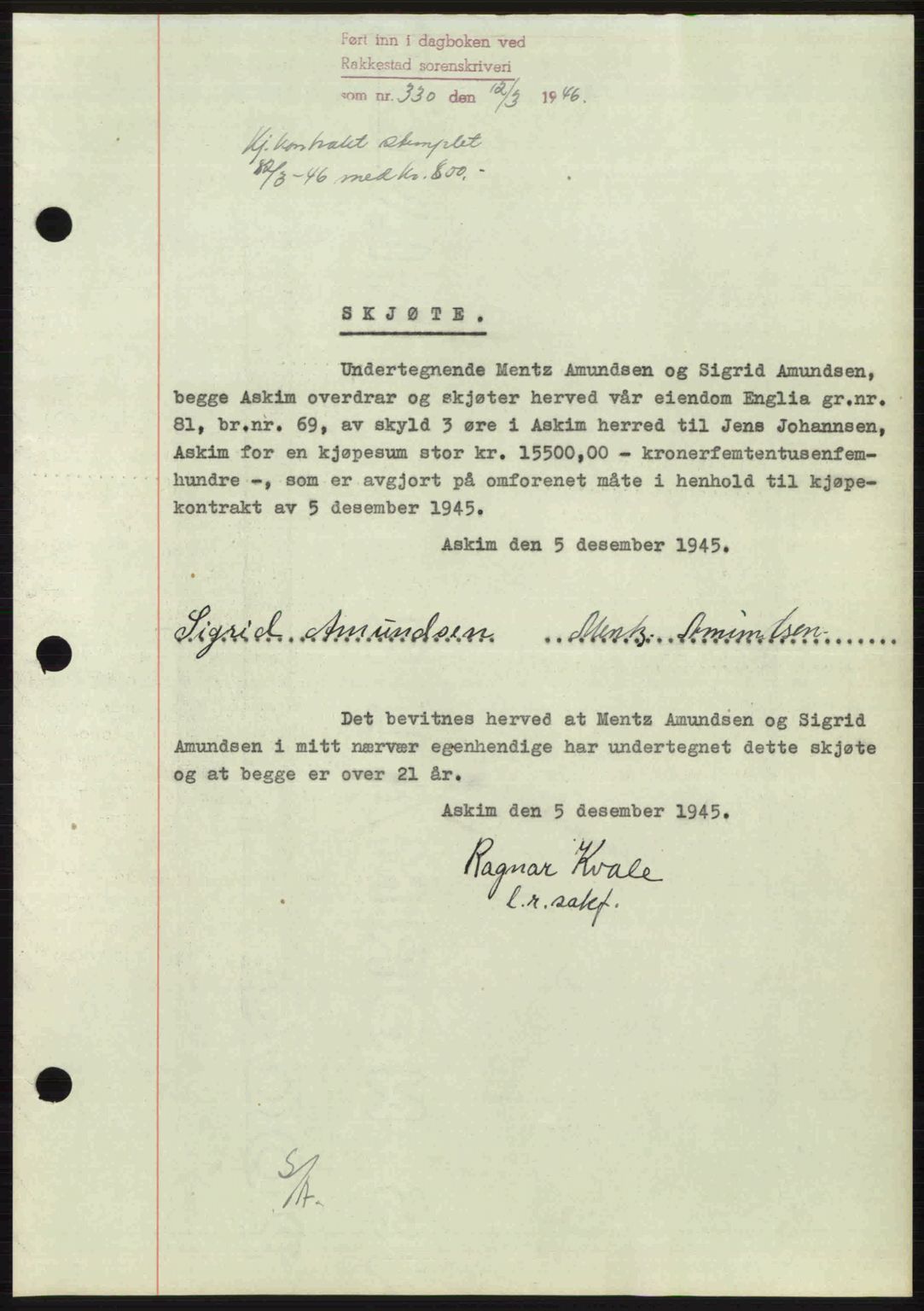 Rakkestad sorenskriveri, AV/SAO-A-10686/G/Gb/Gba/Gbab/L0012a: Mortgage book no. A12 I, 1945-1946, Diary no: : 330/1946