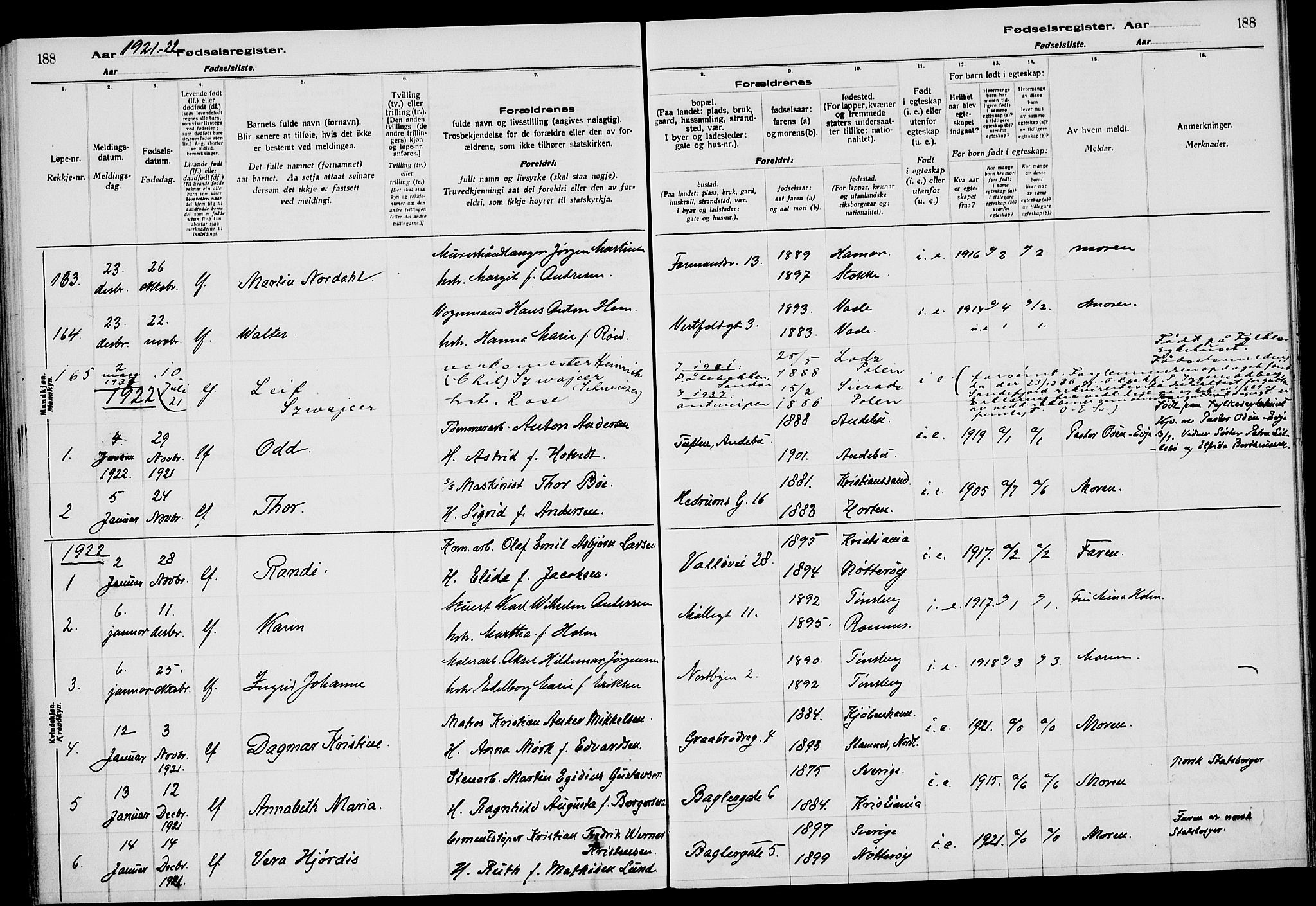 Tønsberg kirkebøker, AV/SAKO-A-330/J/Ja/L0001: Birth register no. 1, 1916-1922, p. 188