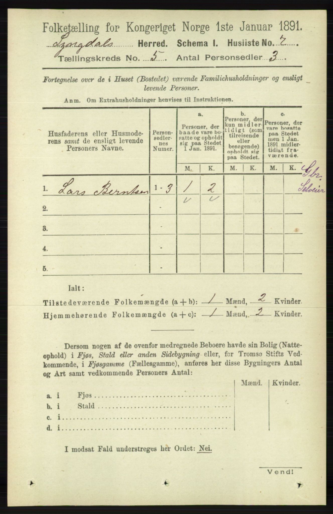 RA, 1891 census for 1032 Lyngdal, 1891, p. 1804