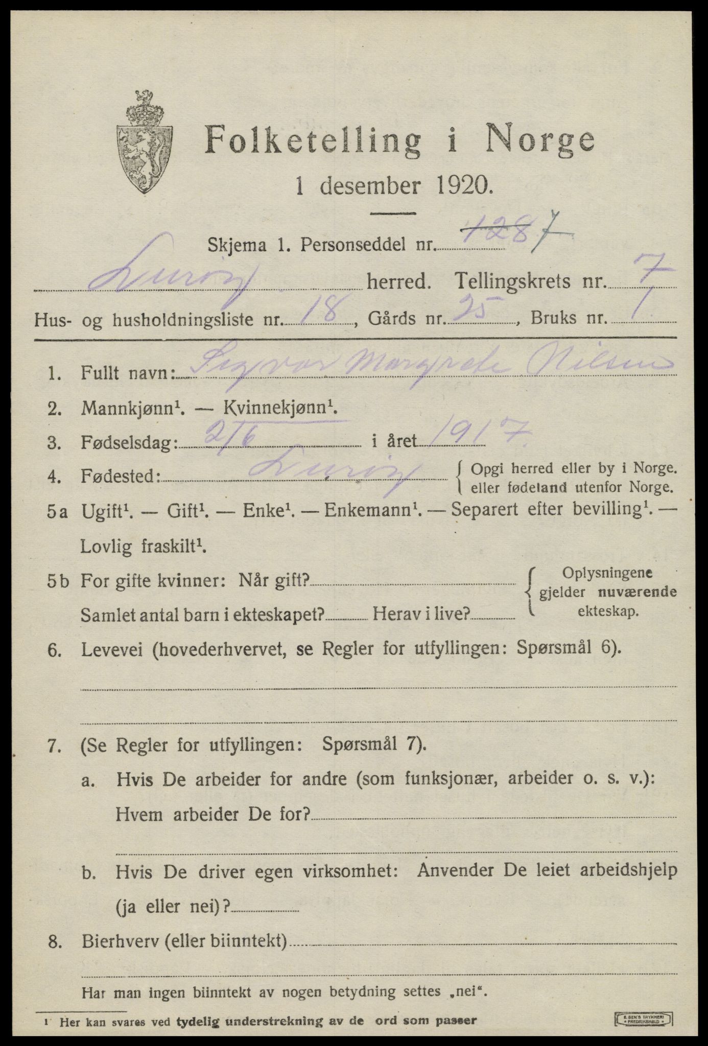 SAT, 1920 census for Lurøy, 1920, p. 3851