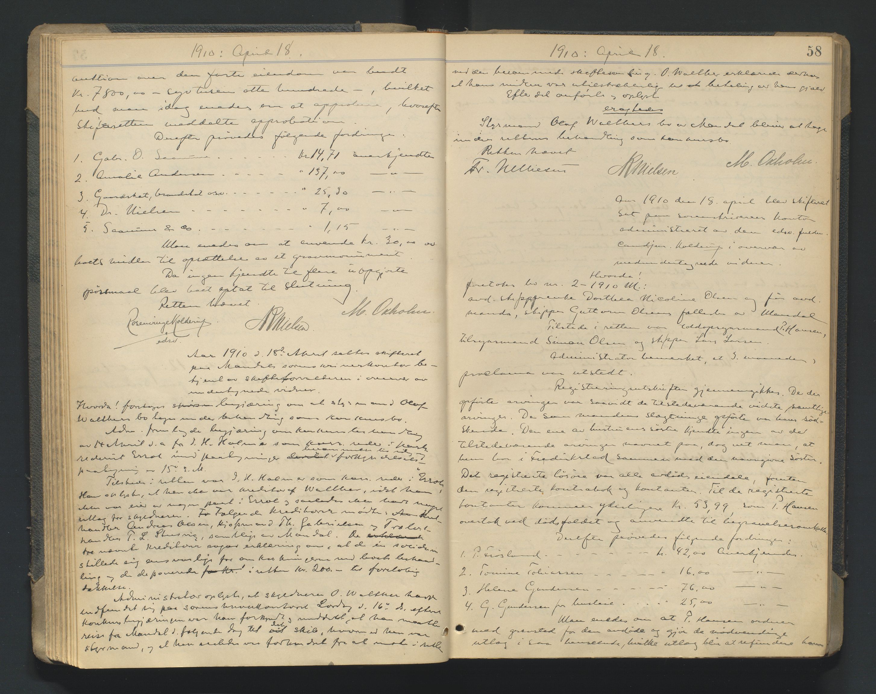 Mandal sorenskriveri, AV/SAK-1221-0005/001/H/Hc/L0081: Skifteforhandlingsprotokoll nr 13, 1909-1913, p. 58