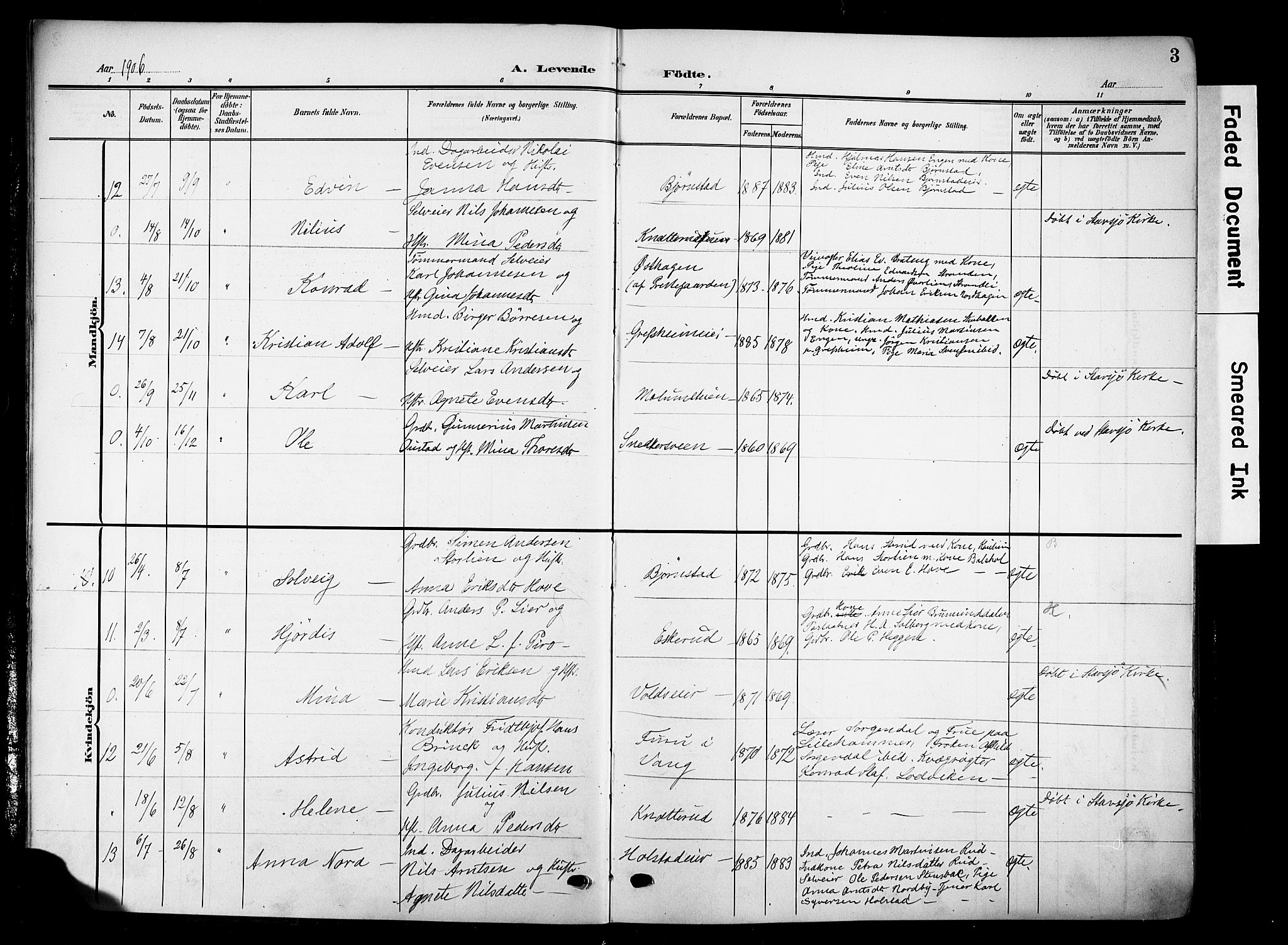 Nes prestekontor, Hedmark, AV/SAH-PREST-020/K/Ka/L0014: Parish register (official) no. 14, 1906-1929, p. 3