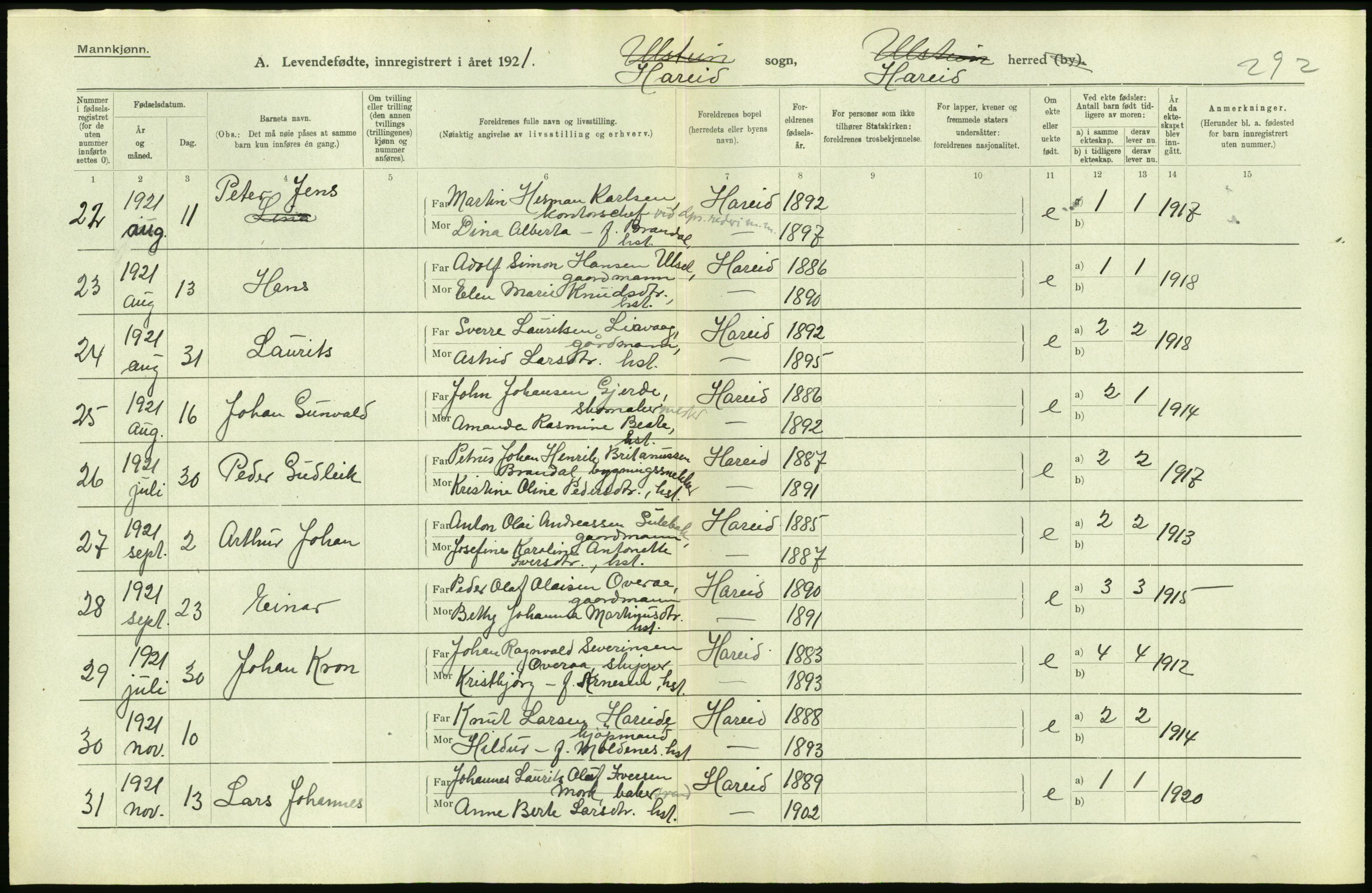 Statistisk sentralbyrå, Sosiodemografiske emner, Befolkning, AV/RA-S-2228/D/Df/Dfc/Dfca/L0040: Møre fylke: Levendefødte menn og kvinner. Bygder., 1921, p. 46