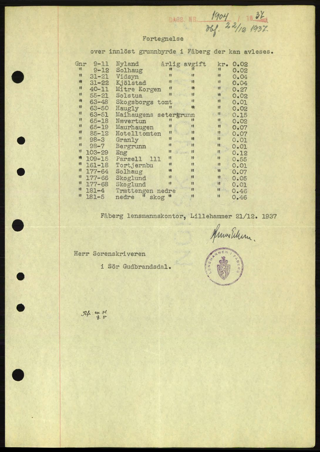 Sør-Gudbrandsdal tingrett, SAH/TING-004/H/Hb/Hbe/L0001: Mortgage book no. B1, 1936-1939, Diary no: : 1904/1937