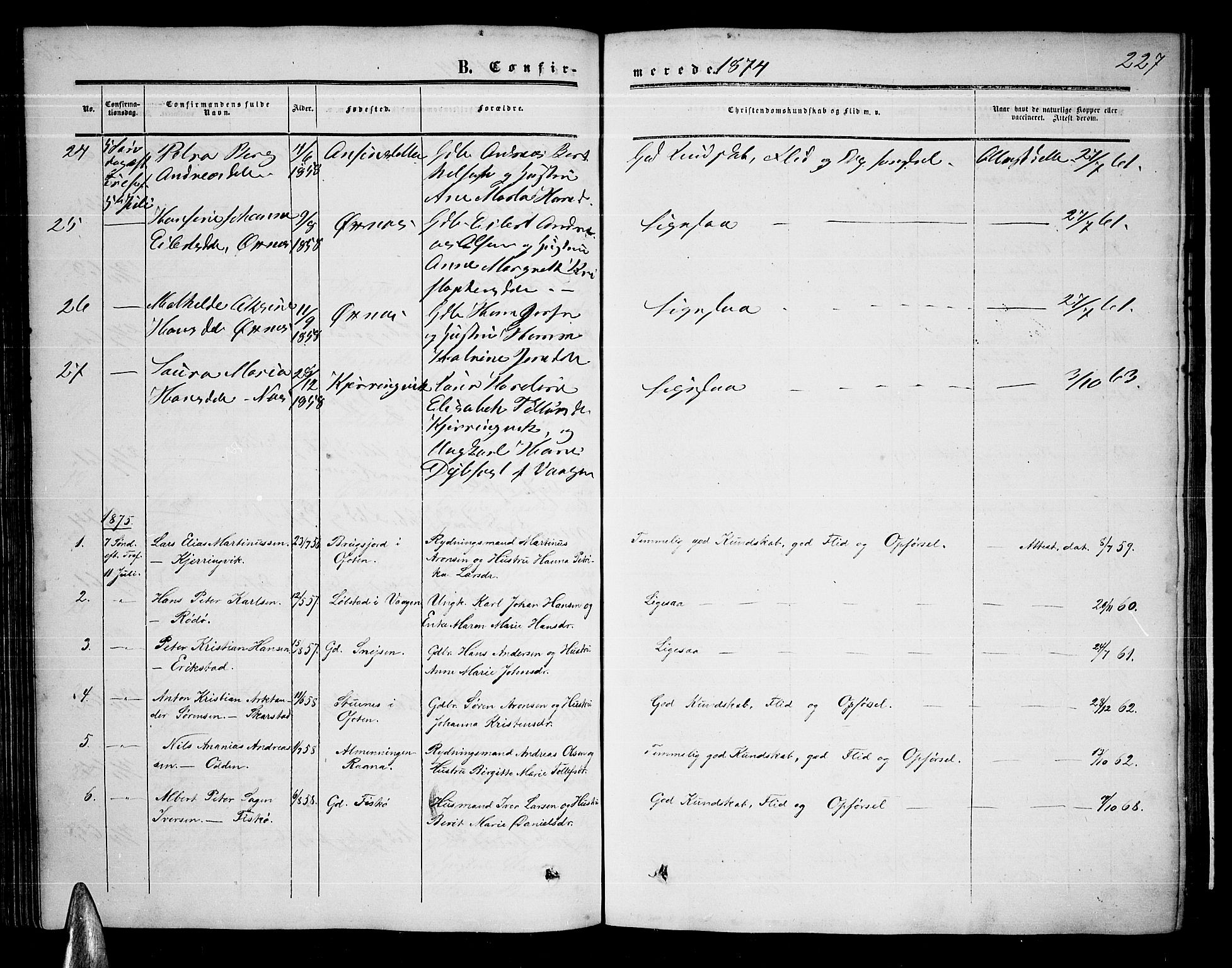 Ministerialprotokoller, klokkerbøker og fødselsregistre - Nordland, AV/SAT-A-1459/872/L1046: Parish register (copy) no. 872C02, 1852-1879, p. 227