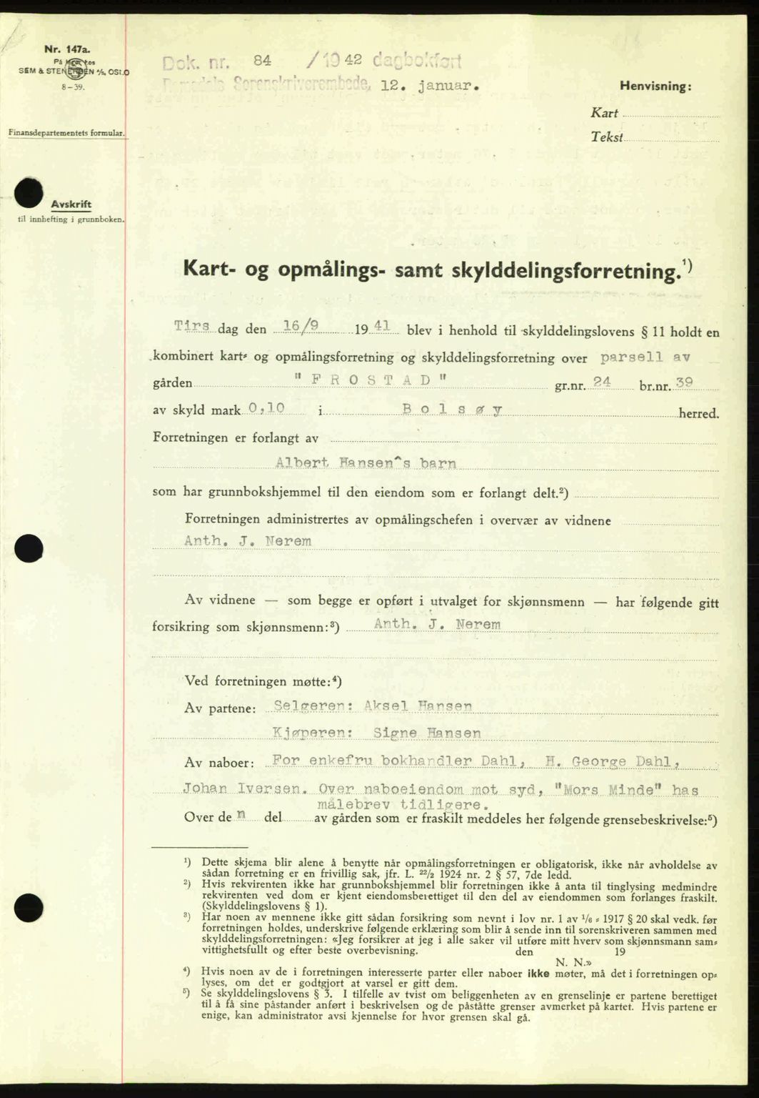 Romsdal sorenskriveri, AV/SAT-A-4149/1/2/2C: Mortgage book no. A11, 1941-1942, Diary no: : 84/1942