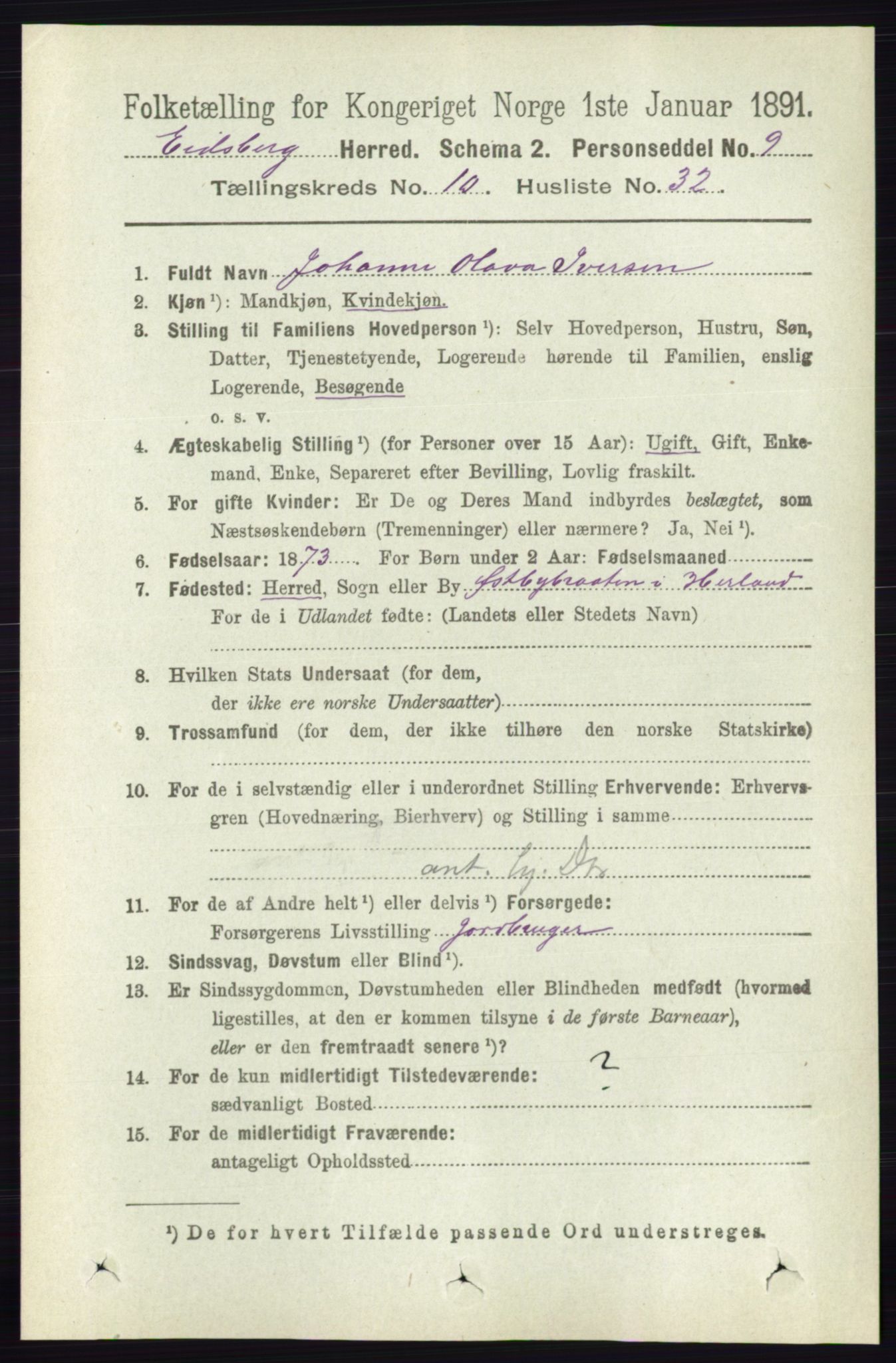 RA, 1891 census for 0125 Eidsberg, 1891, p. 5862