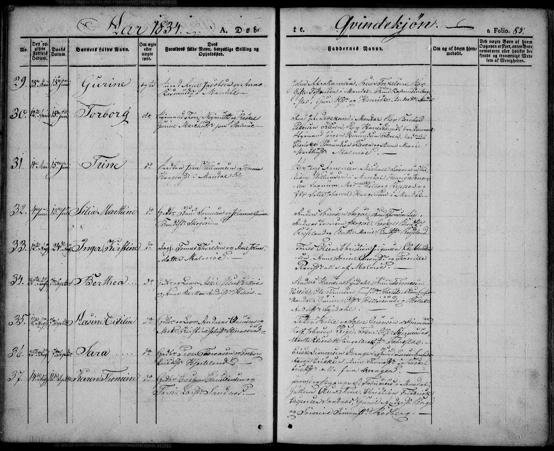 Mandal sokneprestkontor, AV/SAK-1111-0030/F/Fa/Faa/L0011: Parish register (official) no. A 11, 1830-1839, p. 85