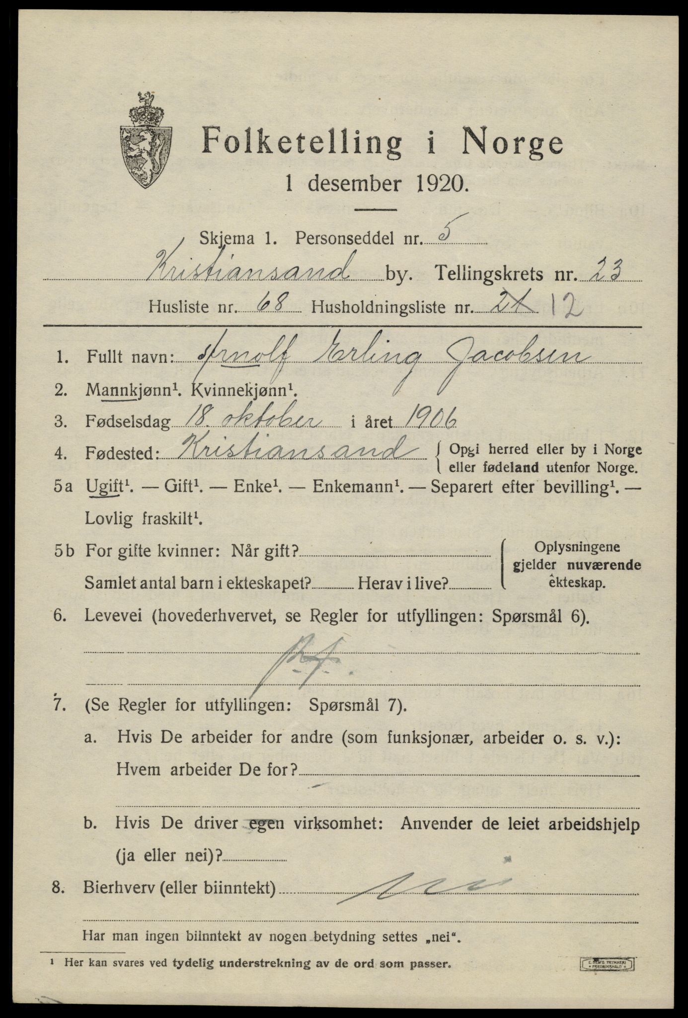 SAK, 1920 census for Kristiansand, 1920, p. 41657