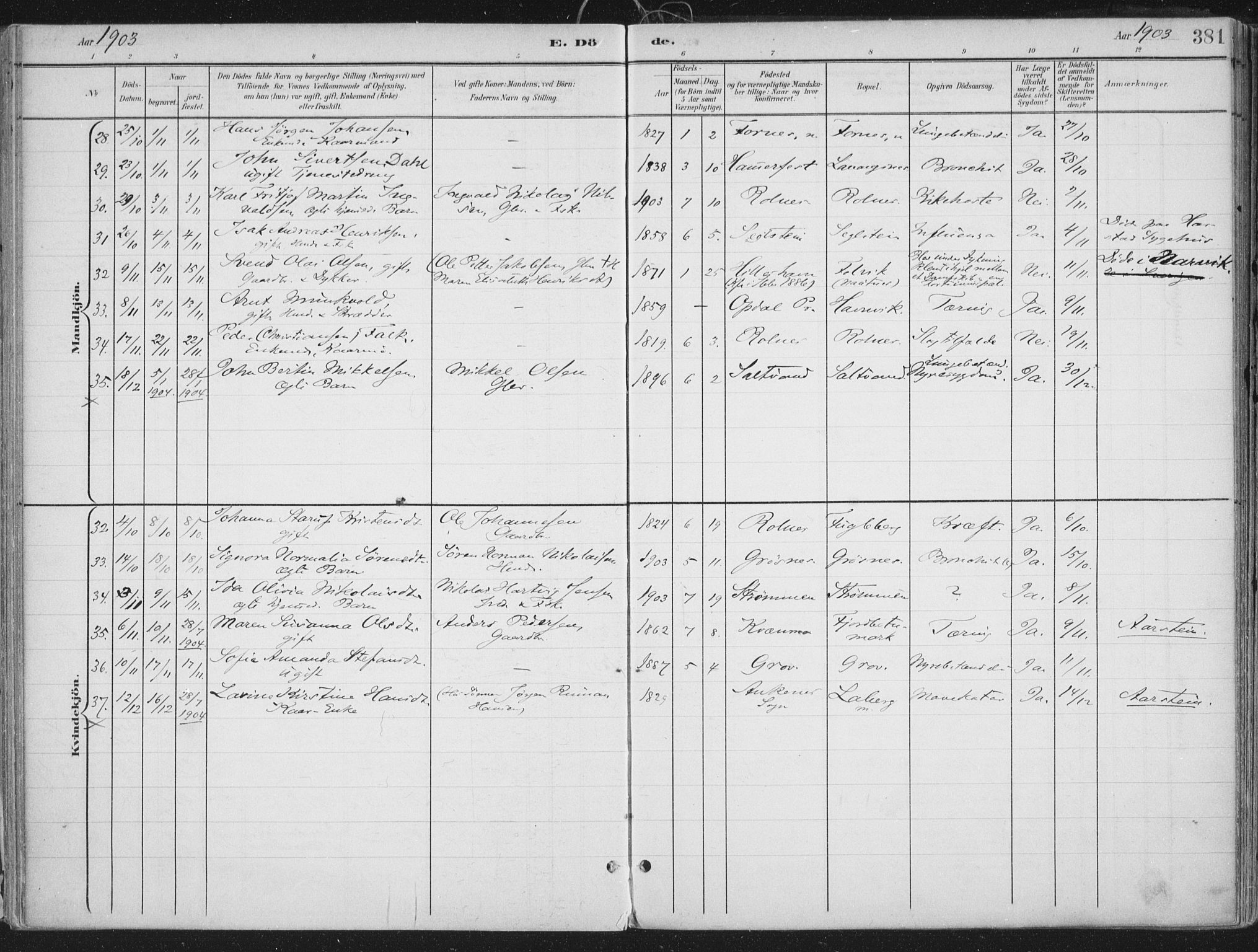 Ibestad sokneprestembete, AV/SATØ-S-0077/H/Ha/Haa/L0017kirke: Parish register (official) no. 17, 1901-1914, p. 381