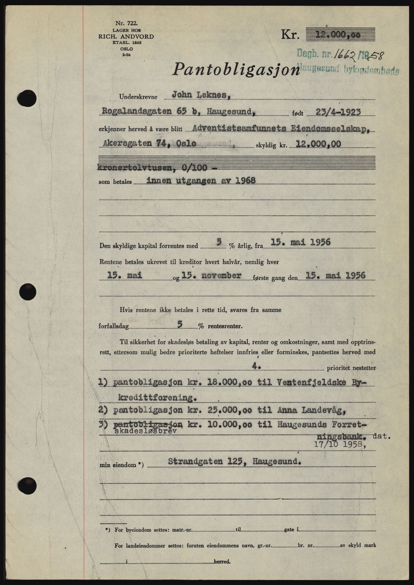 Haugesund tingrett, SAST/A-101415/01/II/IIC/L0044: Mortgage book no. B 44, 1958-1959, Diary no: : 1662/1958