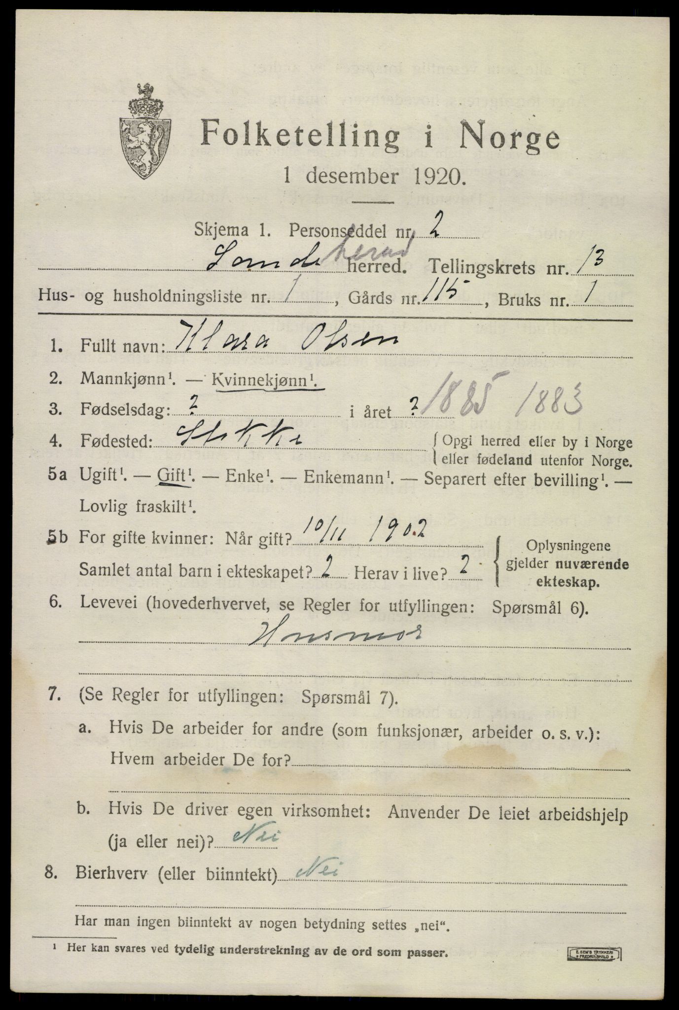 SAKO, 1920 census for Sandeherred, 1920, p. 19100