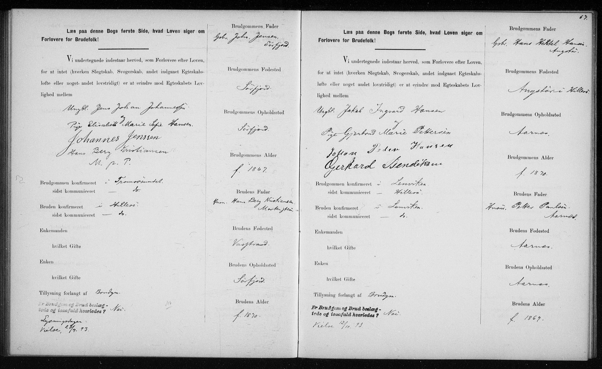 Lenvik sokneprestembete, AV/SATØ-S-1310/I/Ie/L0129: Banns register no. 129, 1890-1895, p. 67