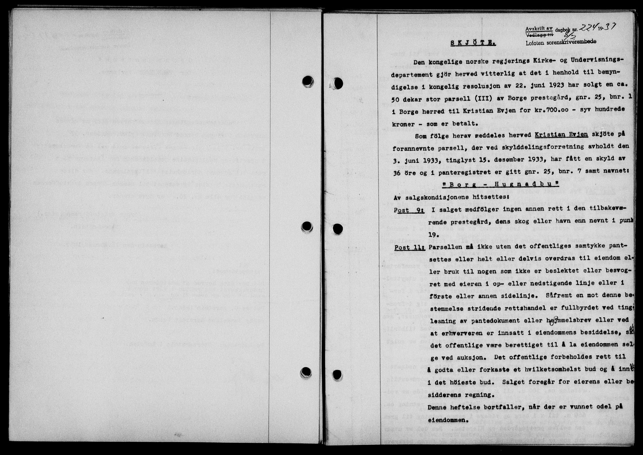 Lofoten sorenskriveri, SAT/A-0017/1/2/2C/L0001a: Mortgage book no. 1a, 1936-1937, Diary no: : 224/1937