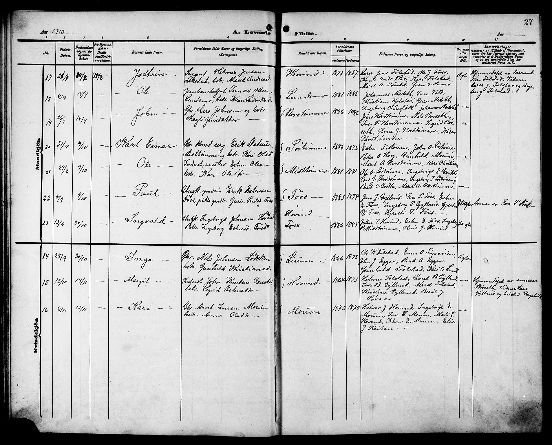 Ministerialprotokoller, klokkerbøker og fødselsregistre - Sør-Trøndelag, SAT/A-1456/692/L1112: Parish register (copy) no. 692C07, 1904-1918, p. 27
