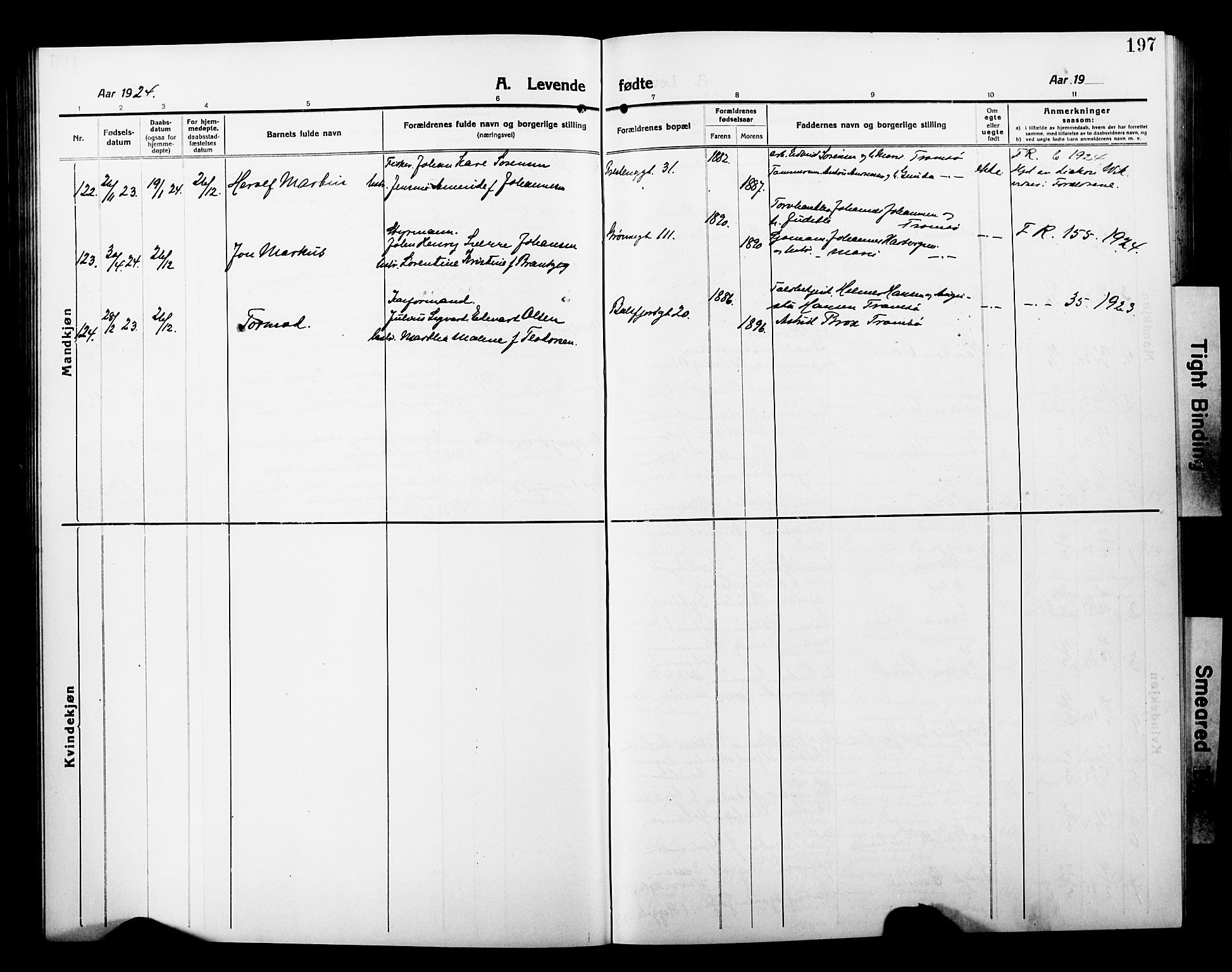 Tromsø sokneprestkontor/stiftsprosti/domprosti, AV/SATØ-S-1343/G/Gb/L0009klokker: Parish register (copy) no. 9, 1915-1925, p. 197