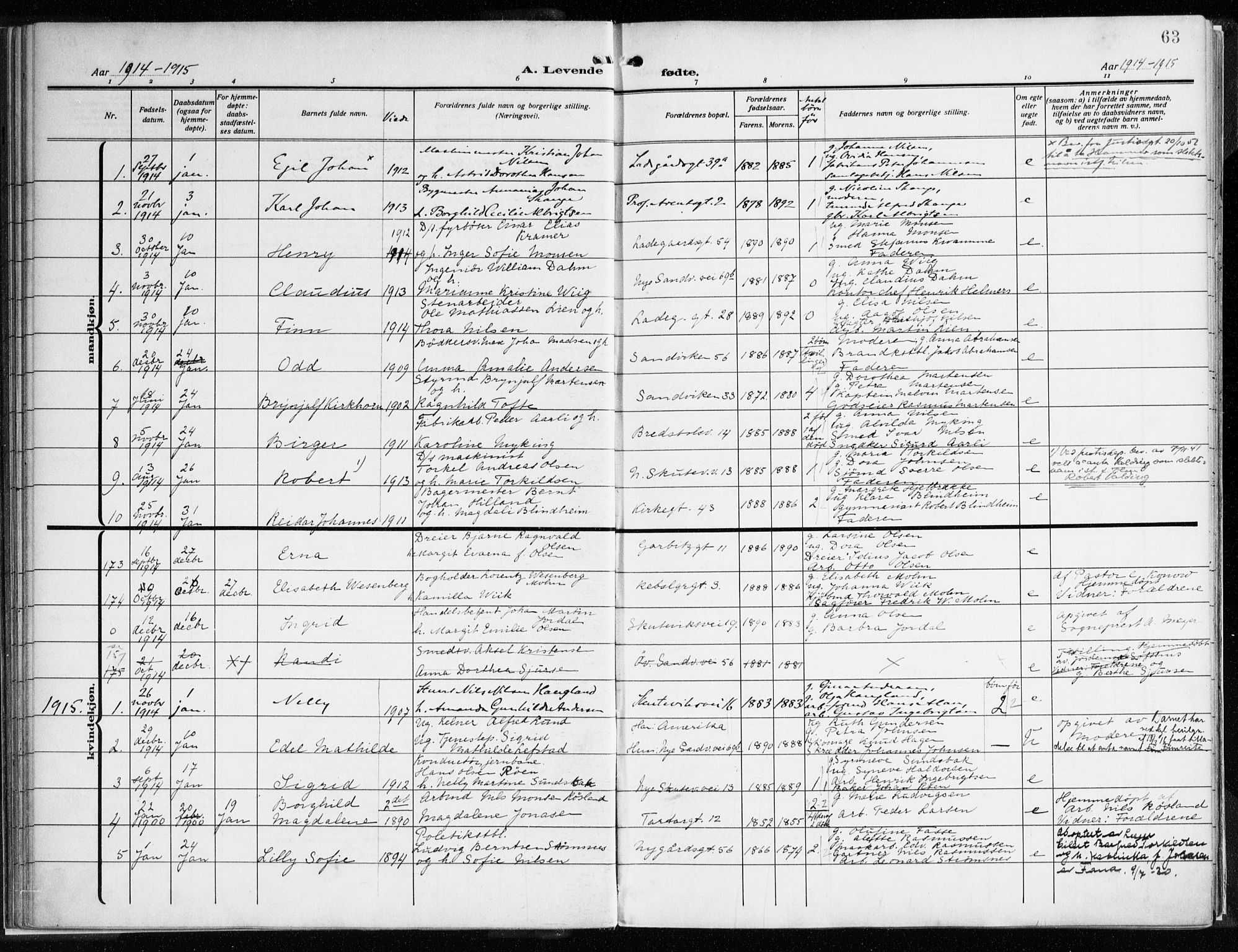 Sandviken Sokneprestembete, AV/SAB-A-77601/H/Ha/L0007: Parish register (official) no. B 4, 1912-1924, p. 63
