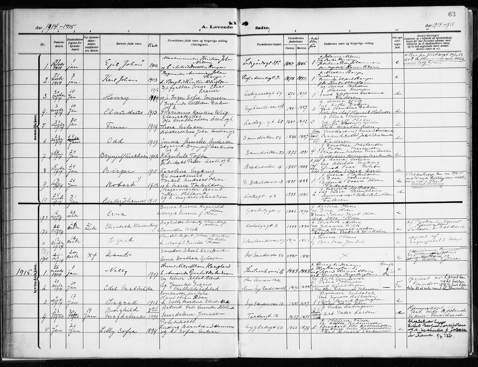 Sandviken Sokneprestembete, AV/SAB-A-77601/H/Ha/L0007: Parish register (official) no. B 4, 1912-1924, p. 63