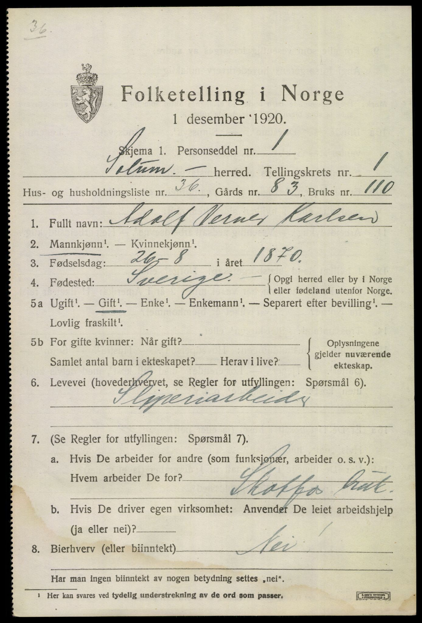 SAKO, 1920 census for Solum, 1920, p. 2922