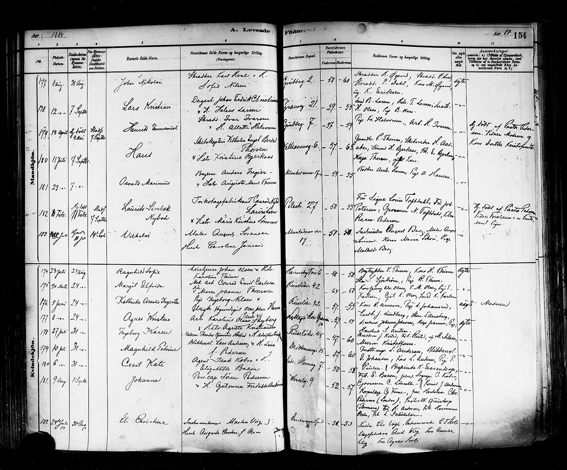 Trefoldighet prestekontor Kirkebøker, SAO/A-10882/F/Fa/L0005: Parish register (official) no. I 5, 1881-1891, p. 154