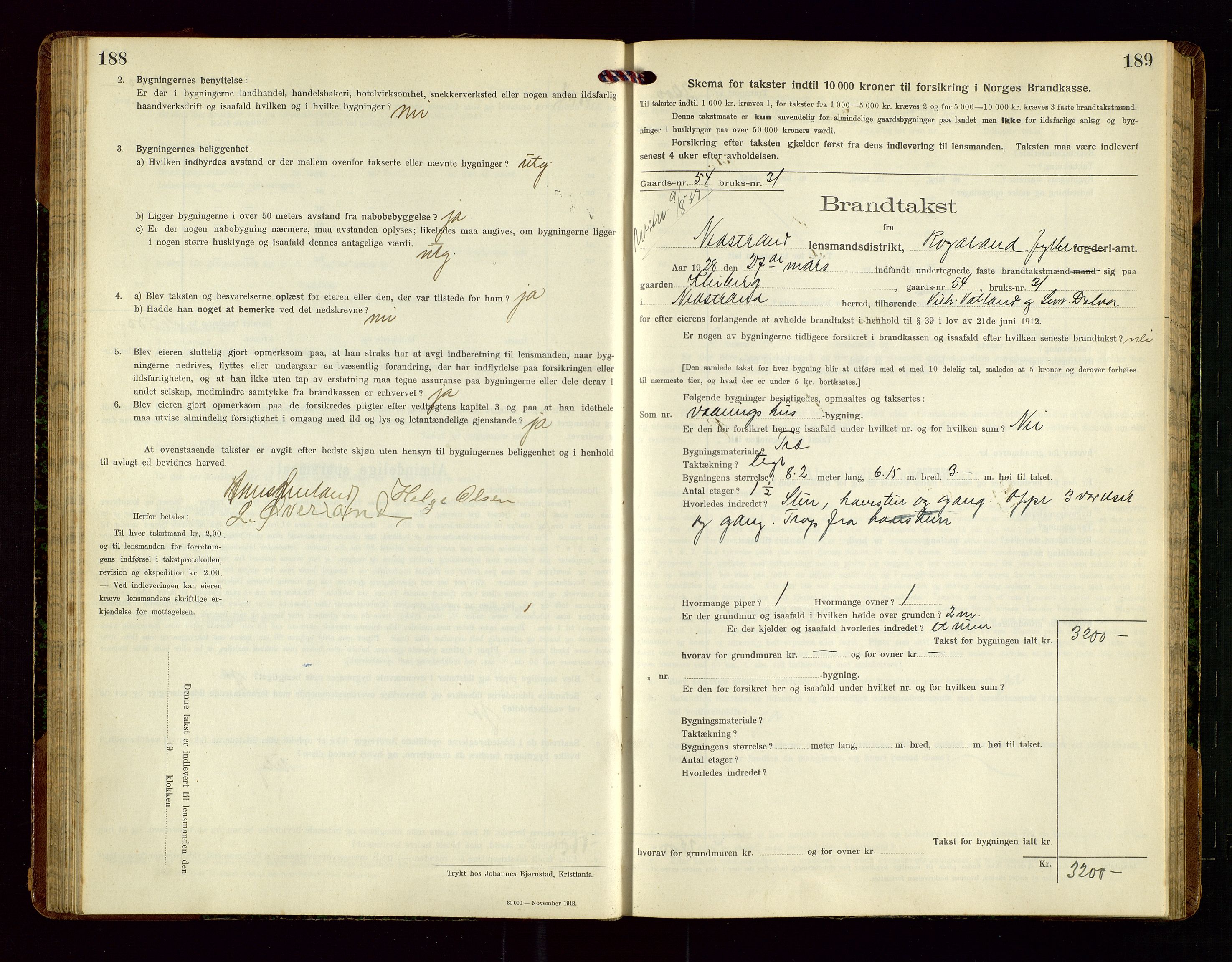 Nedstrand lensmannskontor, SAST/A-100236/Gob/L0002: "Brandtakstprotokol for Nerstrand lensmandsdistrikt Rogaland Fylke", 1916-1949, p. 188-189