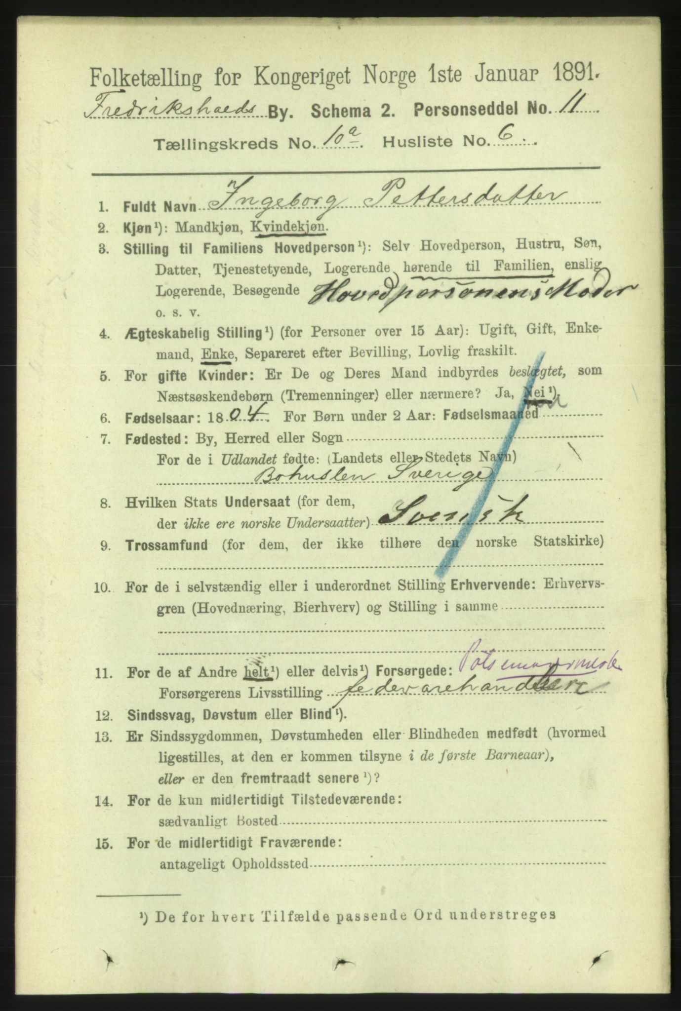 RA, 1891 census for 0101 Fredrikshald, 1891, p. 7073