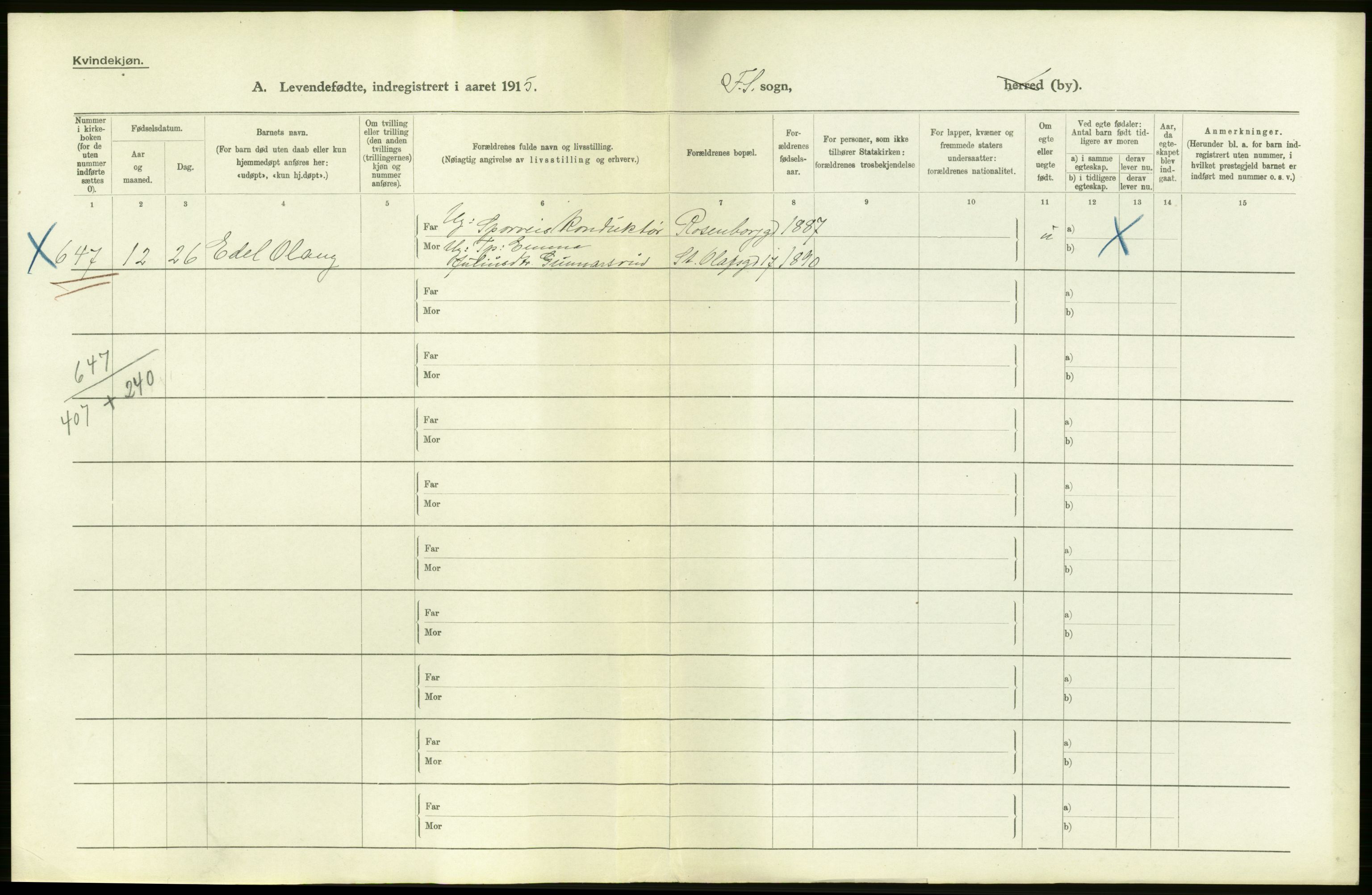 Statistisk sentralbyrå, Sosiodemografiske emner, Befolkning, AV/RA-S-2228/D/Df/Dfb/Dfbe/L0007: Kristiania: Levendefødte menn og kvinner., 1915, p. 2