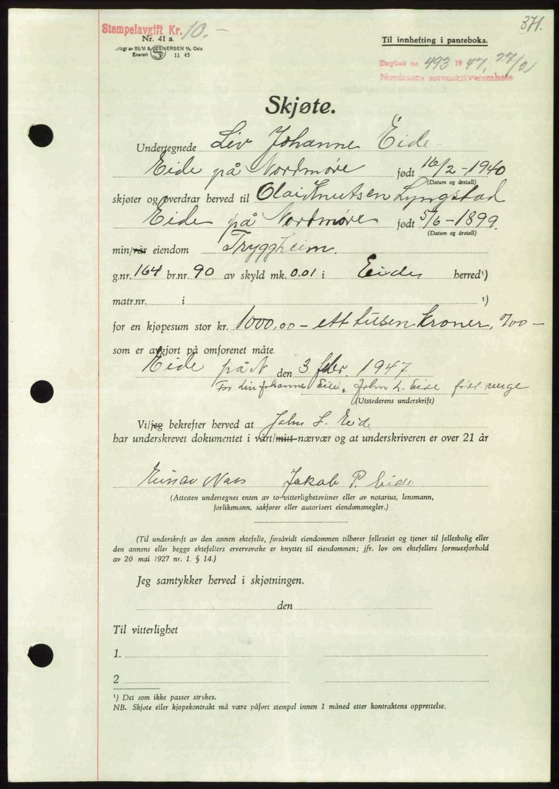 Nordmøre sorenskriveri, AV/SAT-A-4132/1/2/2Ca: Mortgage book no. A104, 1947-1947, Diary no: : 493/1947