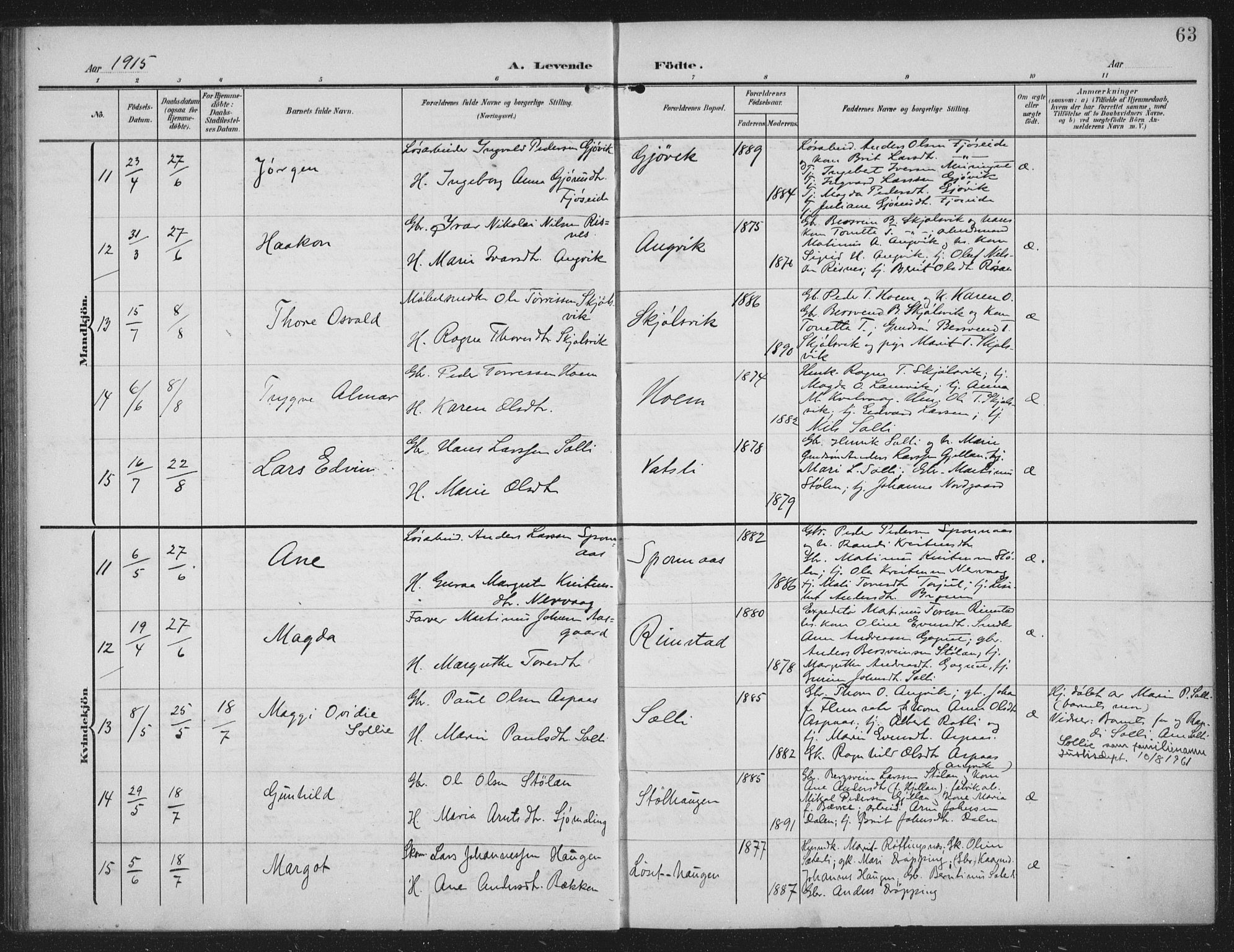 Ministerialprotokoller, klokkerbøker og fødselsregistre - Møre og Romsdal, AV/SAT-A-1454/586/L0989: Parish register (official) no. 586A15, 1906-1915, p. 63