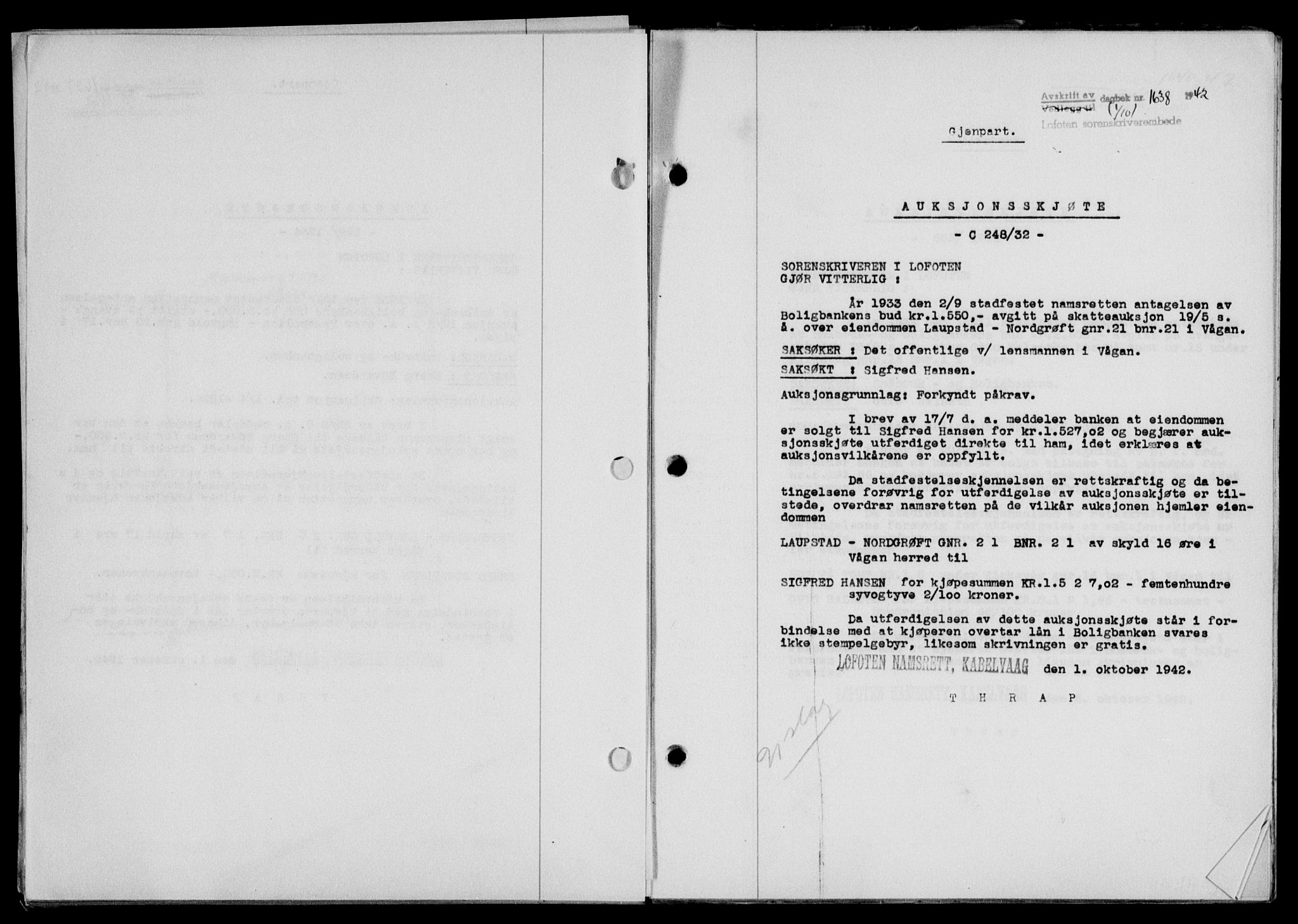 Lofoten sorenskriveri, SAT/A-0017/1/2/2C/L0010a: Mortgage book no. 10a, 1942-1943, Diary no: : 1638/1942