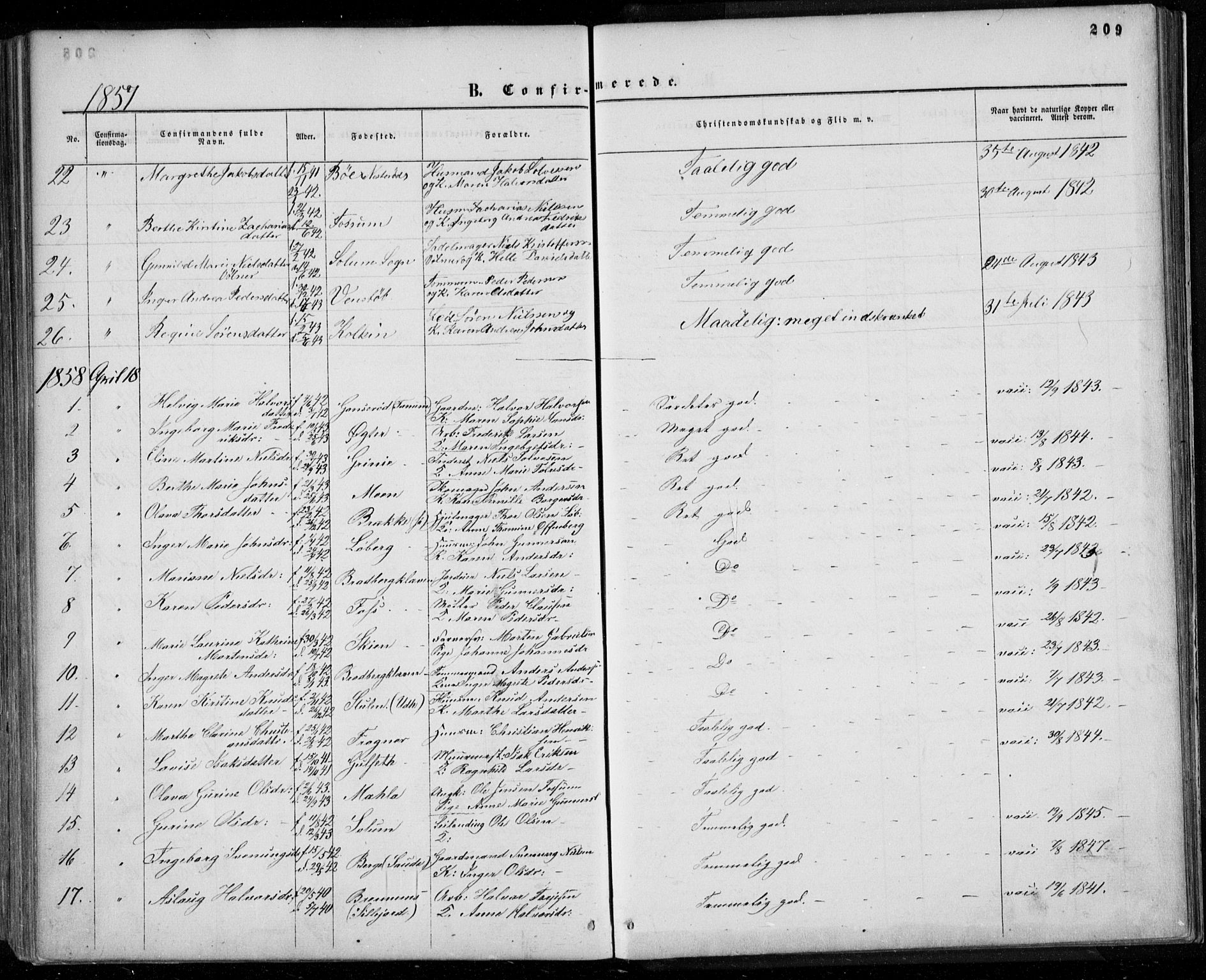 Gjerpen kirkebøker, SAKO/A-265/F/Fa/L0008a: Parish register (official) no. I 8A, 1857-1871, p. 209