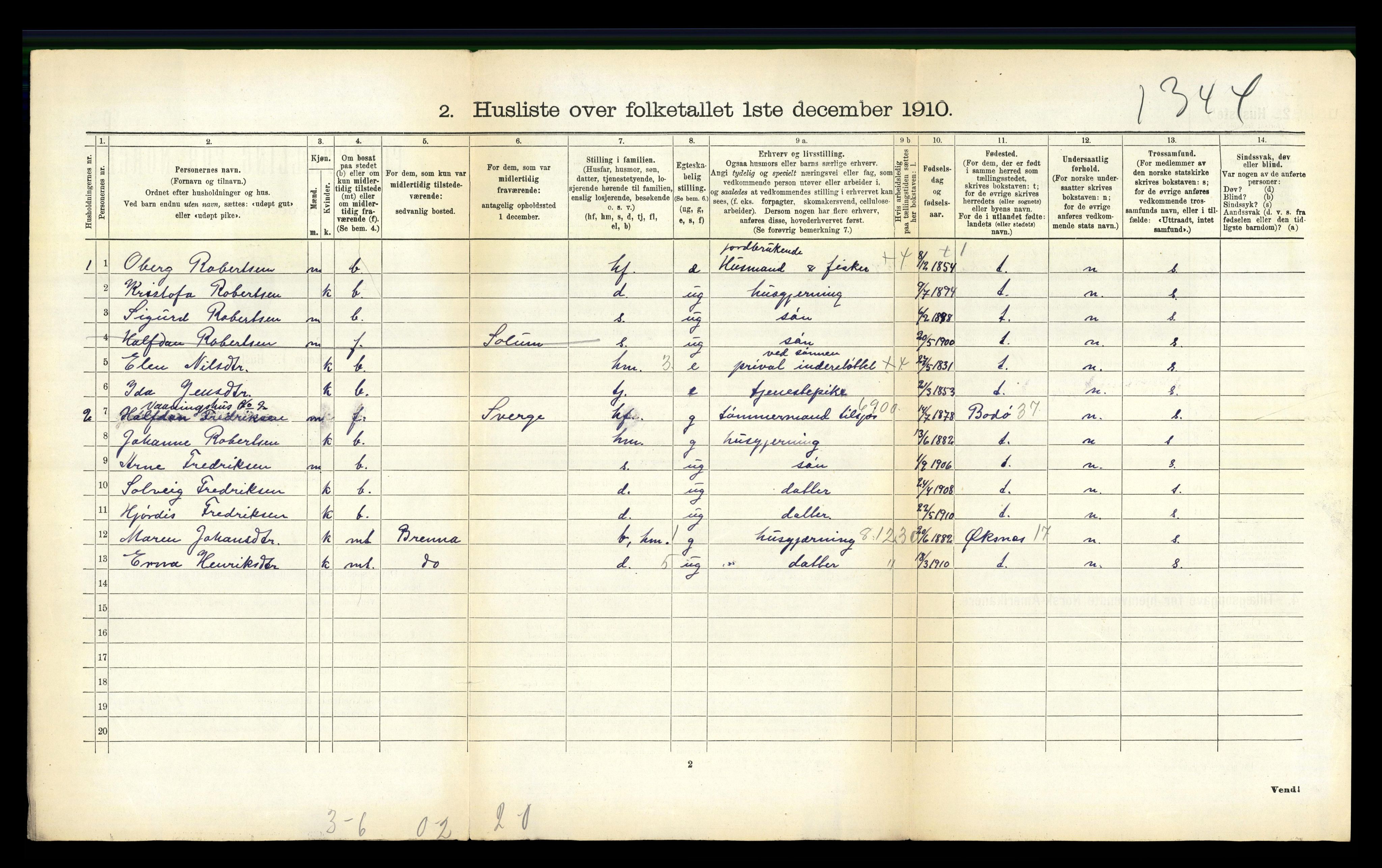 RA, 1910 census for Hadsel, 1910, p. 2284