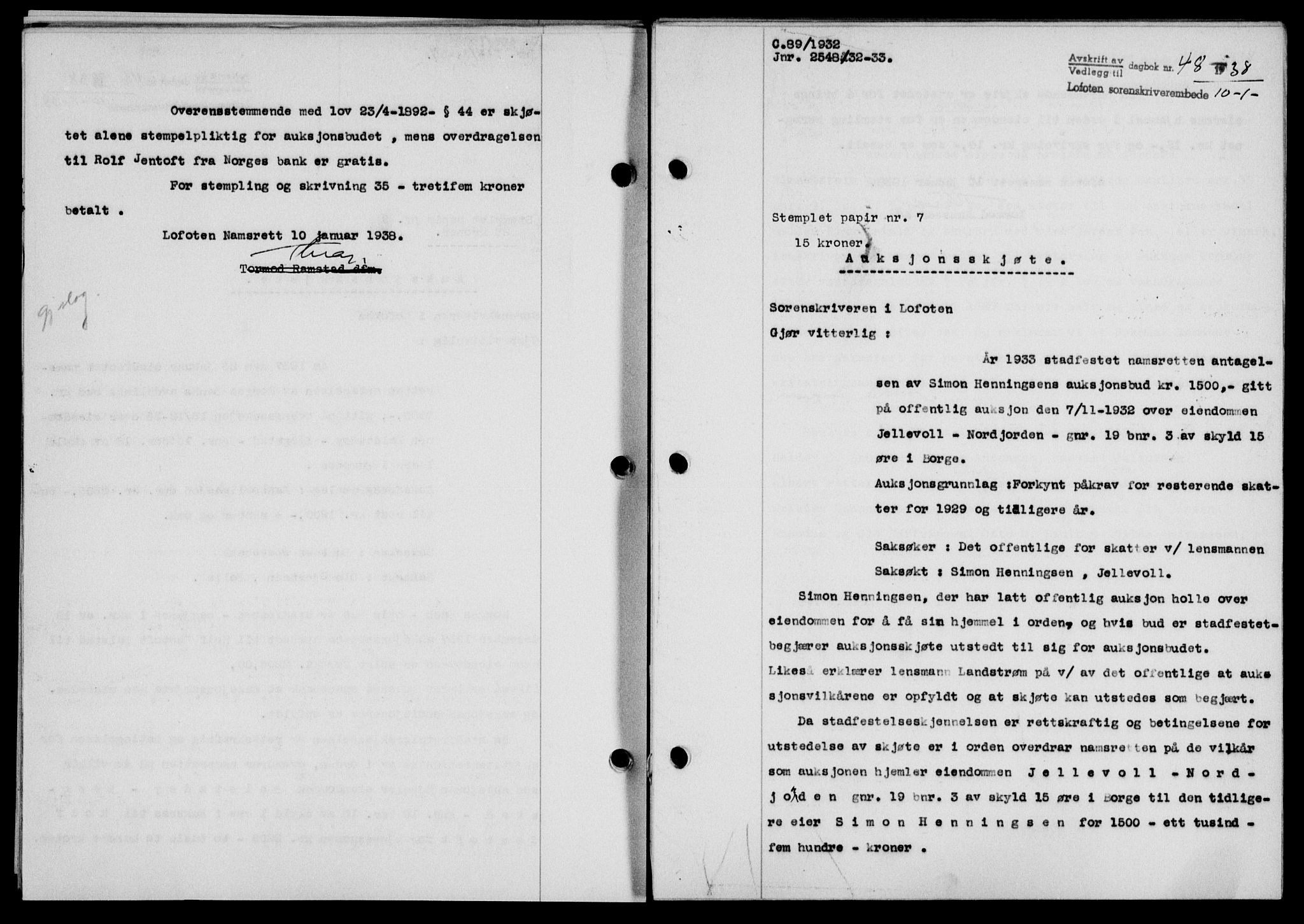 Lofoten sorenskriveri, SAT/A-0017/1/2/2C/L0003a: Mortgage book no. 3a, 1937-1938, Diary no: : 48/1938