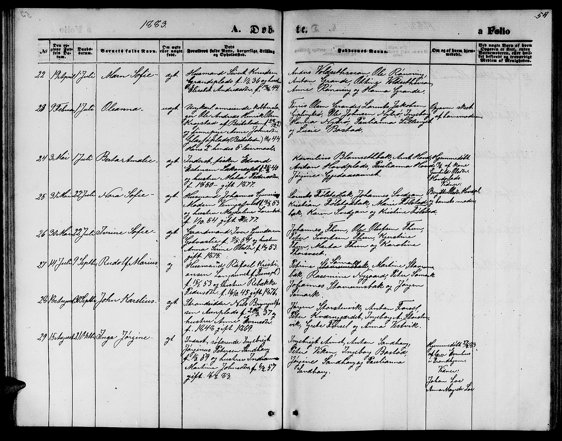 Ministerialprotokoller, klokkerbøker og fødselsregistre - Nord-Trøndelag, AV/SAT-A-1458/744/L0422: Parish register (copy) no. 744C01, 1871-1885, p. 54