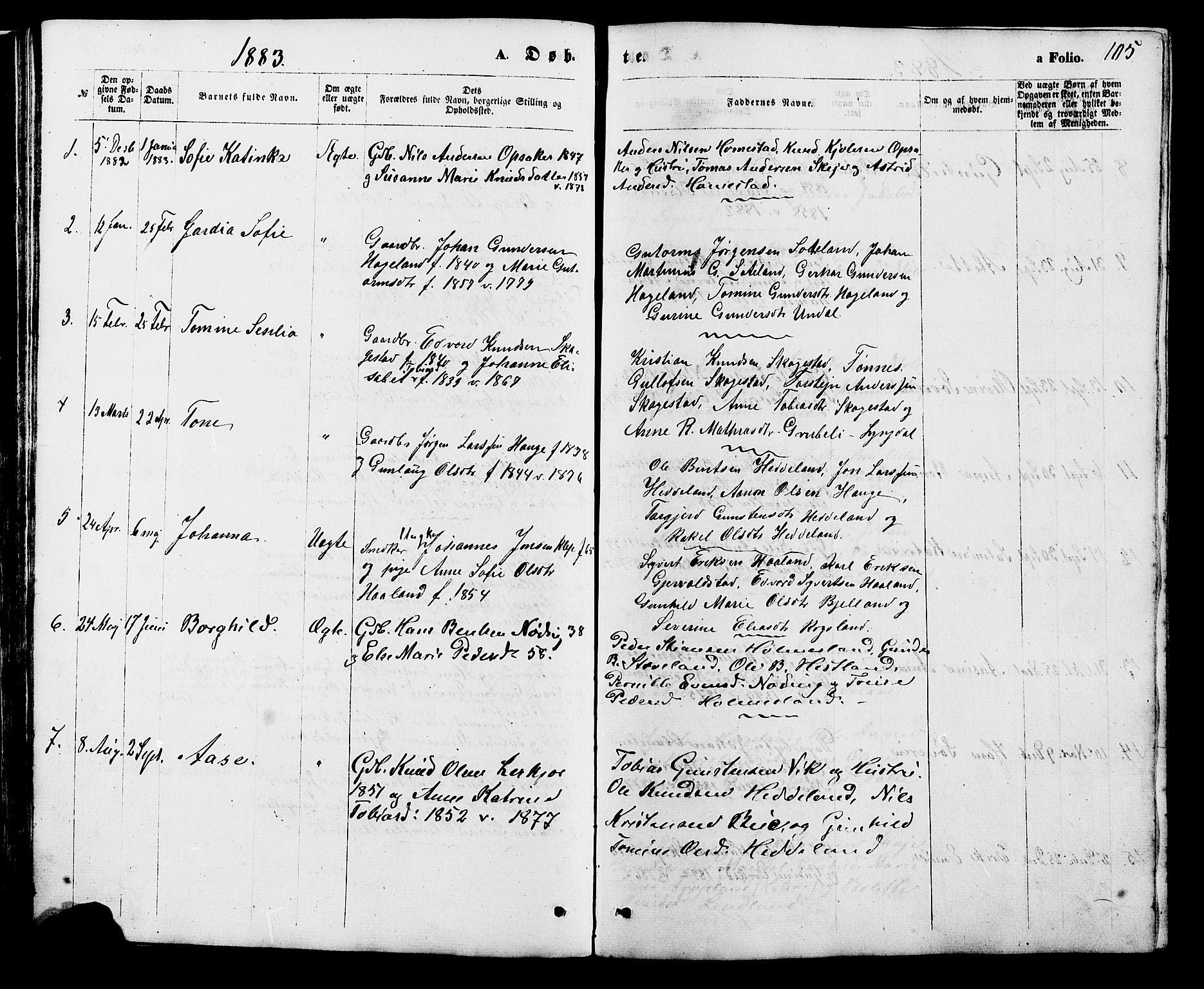 Holum sokneprestkontor, SAK/1111-0022/F/Fb/Fba/L0004: Parish register (copy) no. B 4, 1867-1890, p. 105