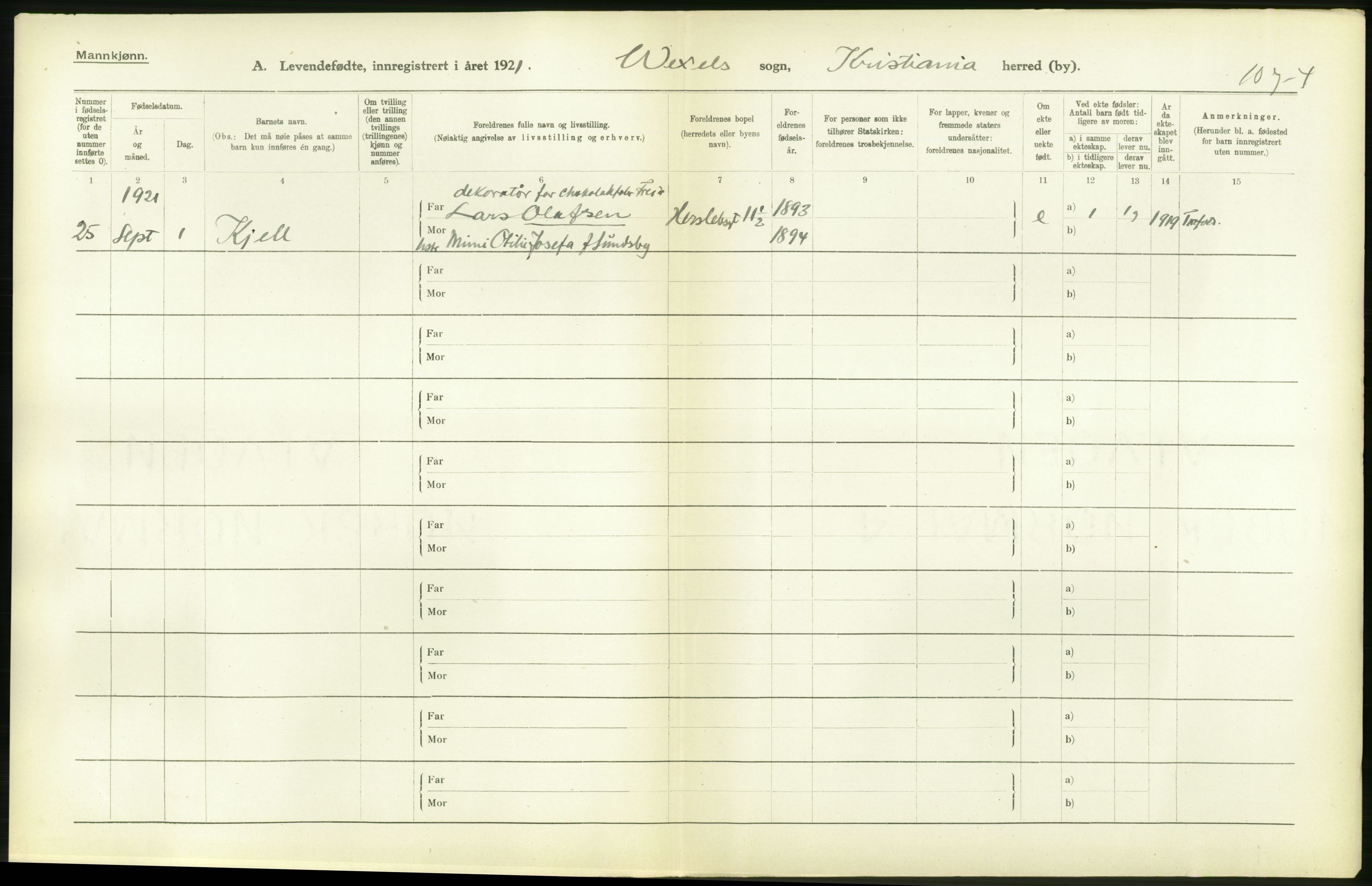 Statistisk sentralbyrå, Sosiodemografiske emner, Befolkning, AV/RA-S-2228/D/Df/Dfc/Dfca/L0009: Kristiania: Levendefødte menn og kvinner., 1921, p. 52