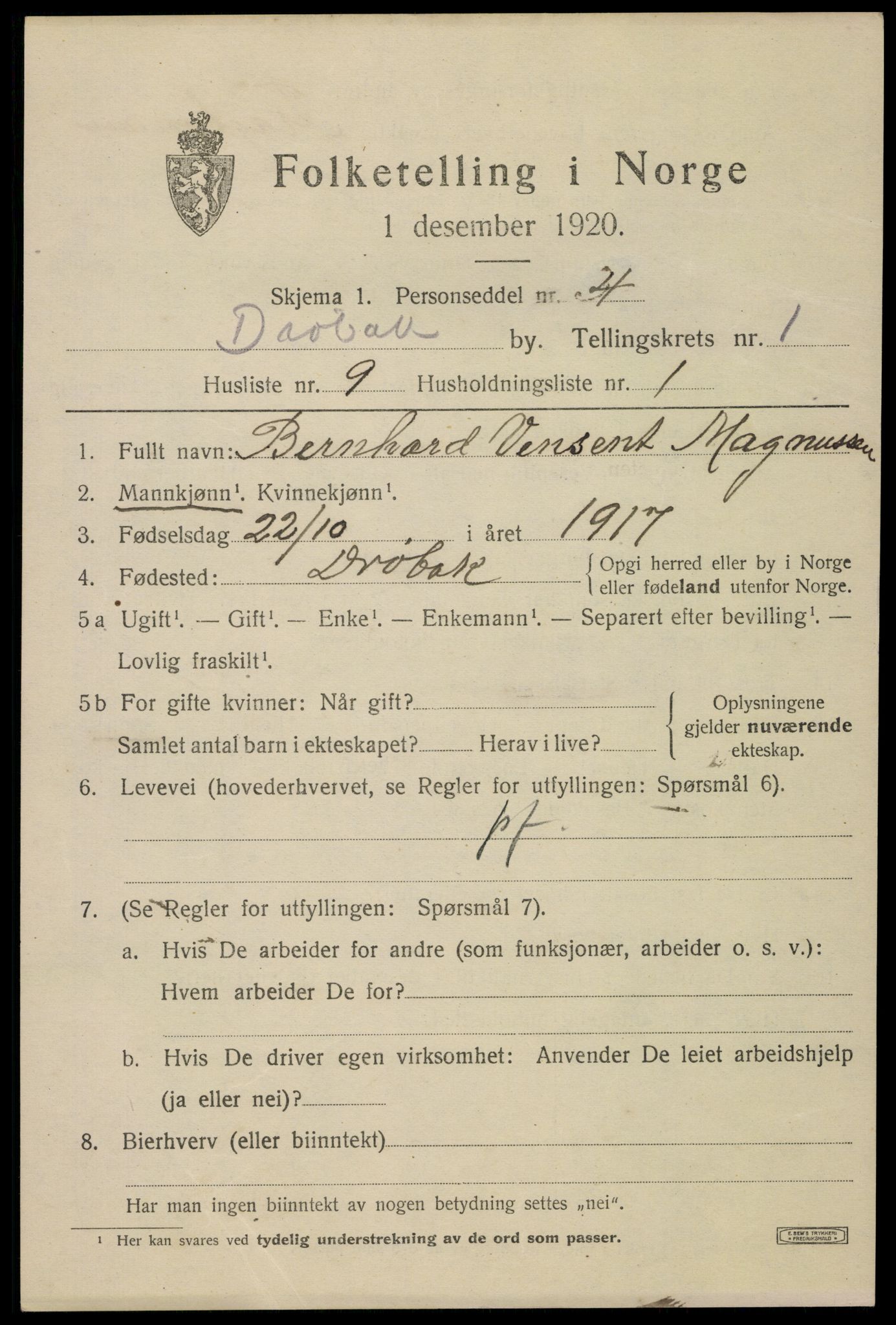 SAO, 1920 census for Drøbak, 1920, p. 2093