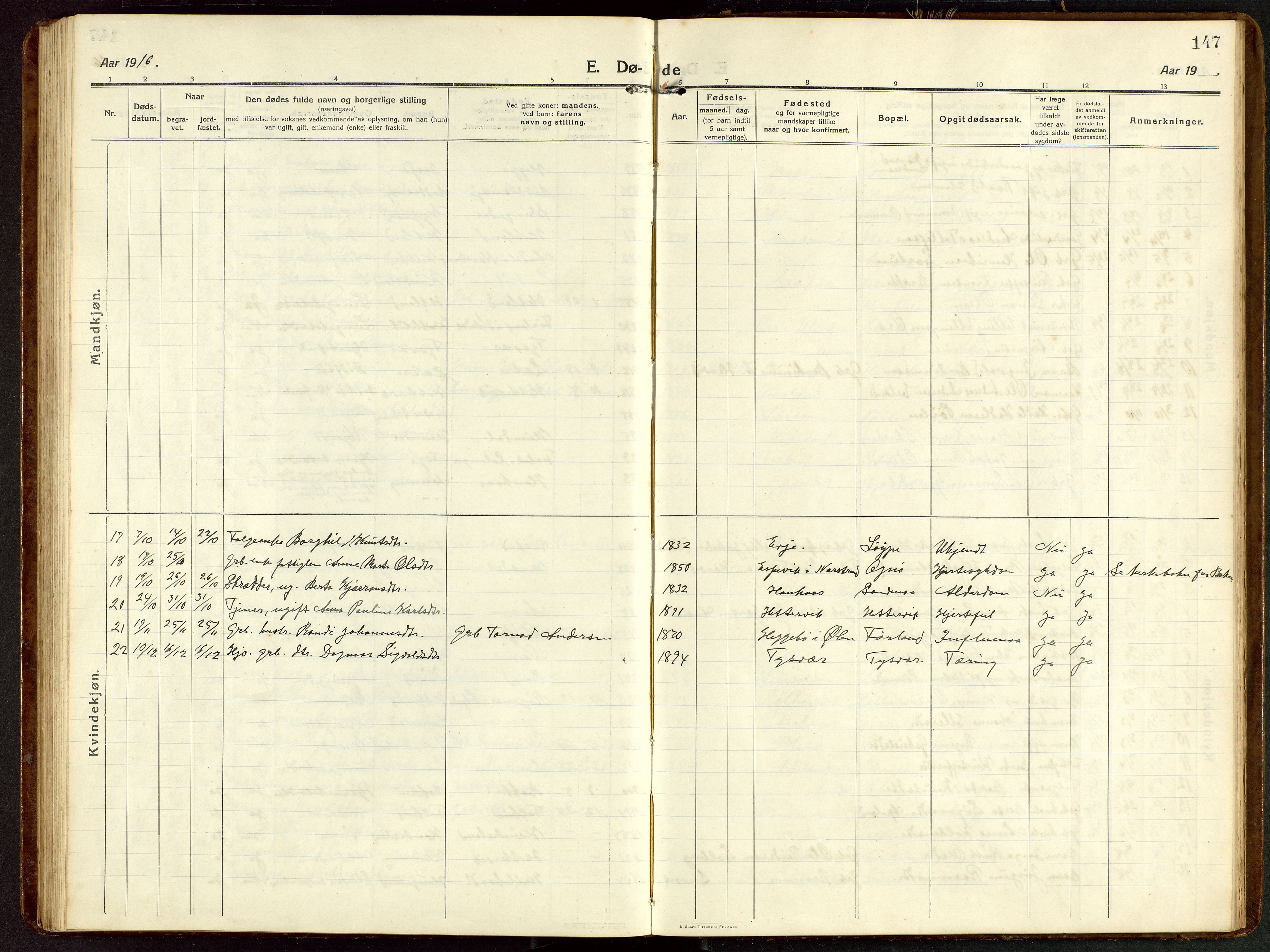 Tysvær sokneprestkontor, SAST/A -101864/H/Ha/Hab/L0011: Parish register (copy) no. B 11, 1913-1946, p. 147