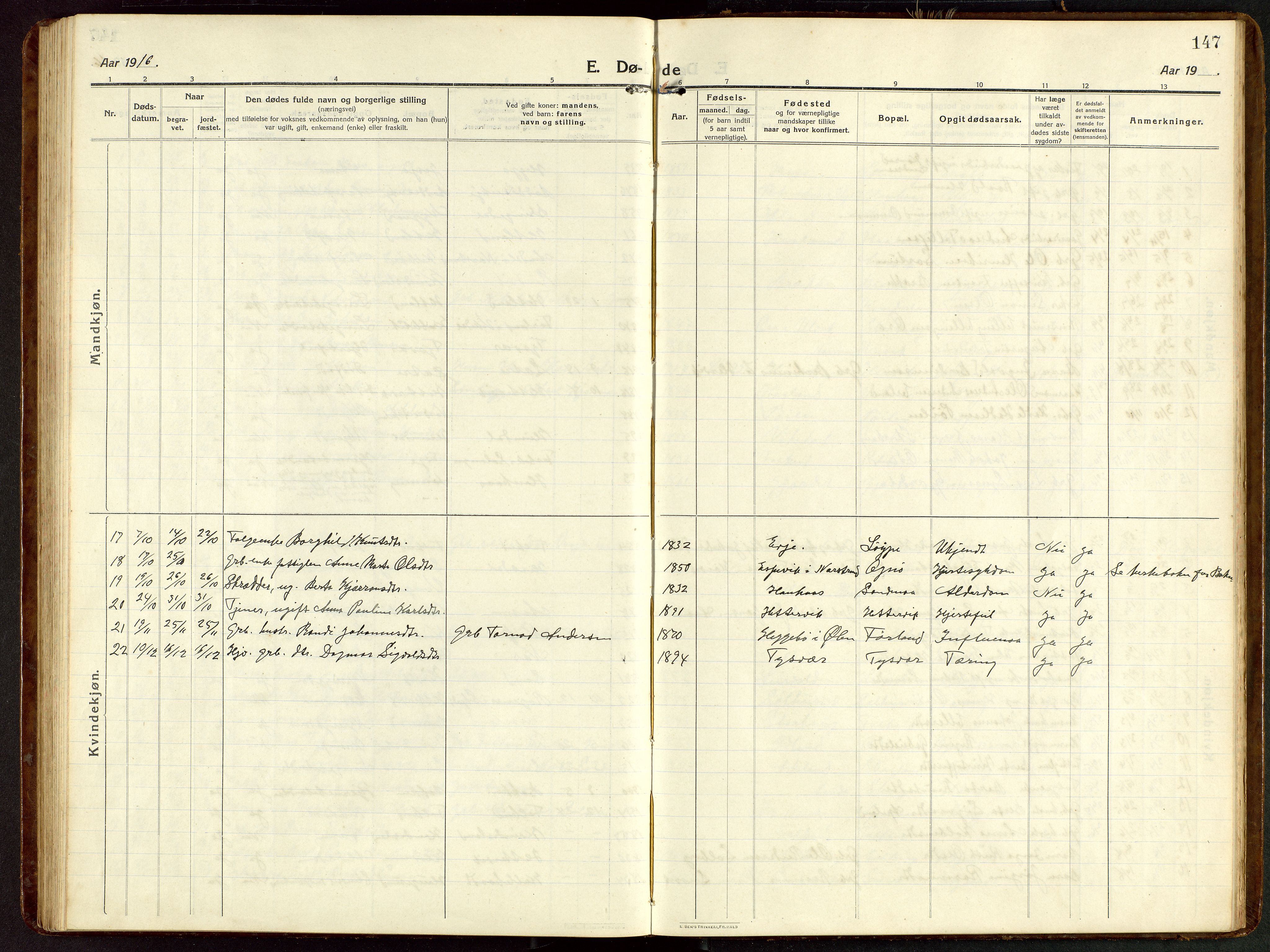 Tysvær sokneprestkontor, AV/SAST-A -101864/H/Ha/Hab/L0011: Parish register (copy) no. B 11, 1913-1946, p. 147