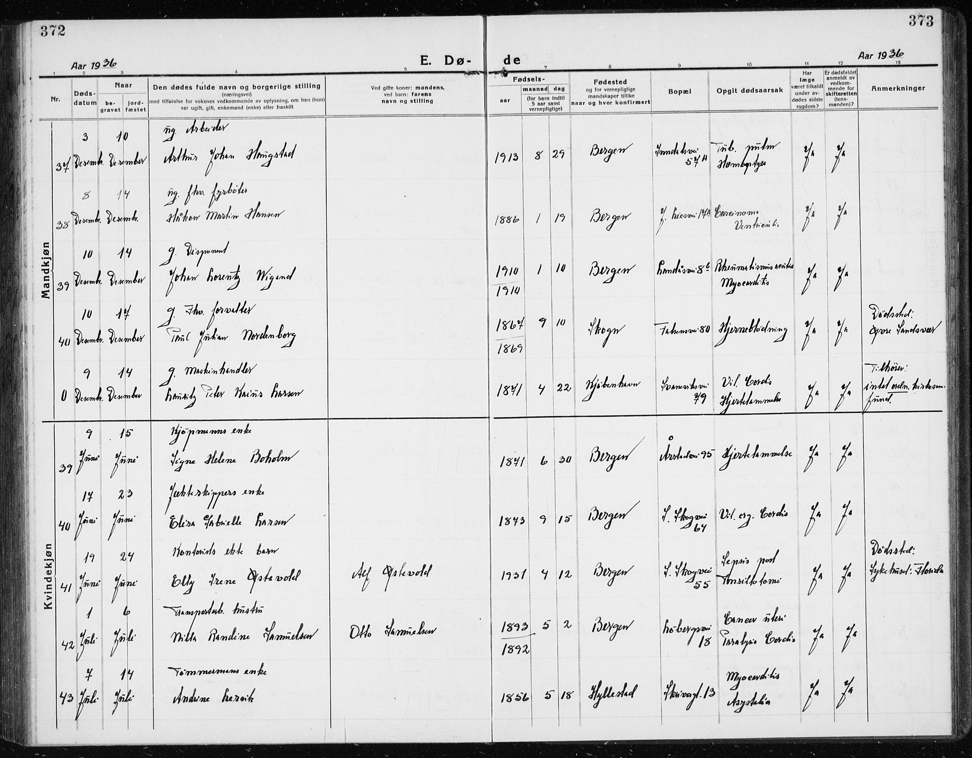 Årstad Sokneprestembete, AV/SAB-A-79301/H/Hab/L0025: Parish register (copy) no. D 2, 1922-1940, p. 372-373