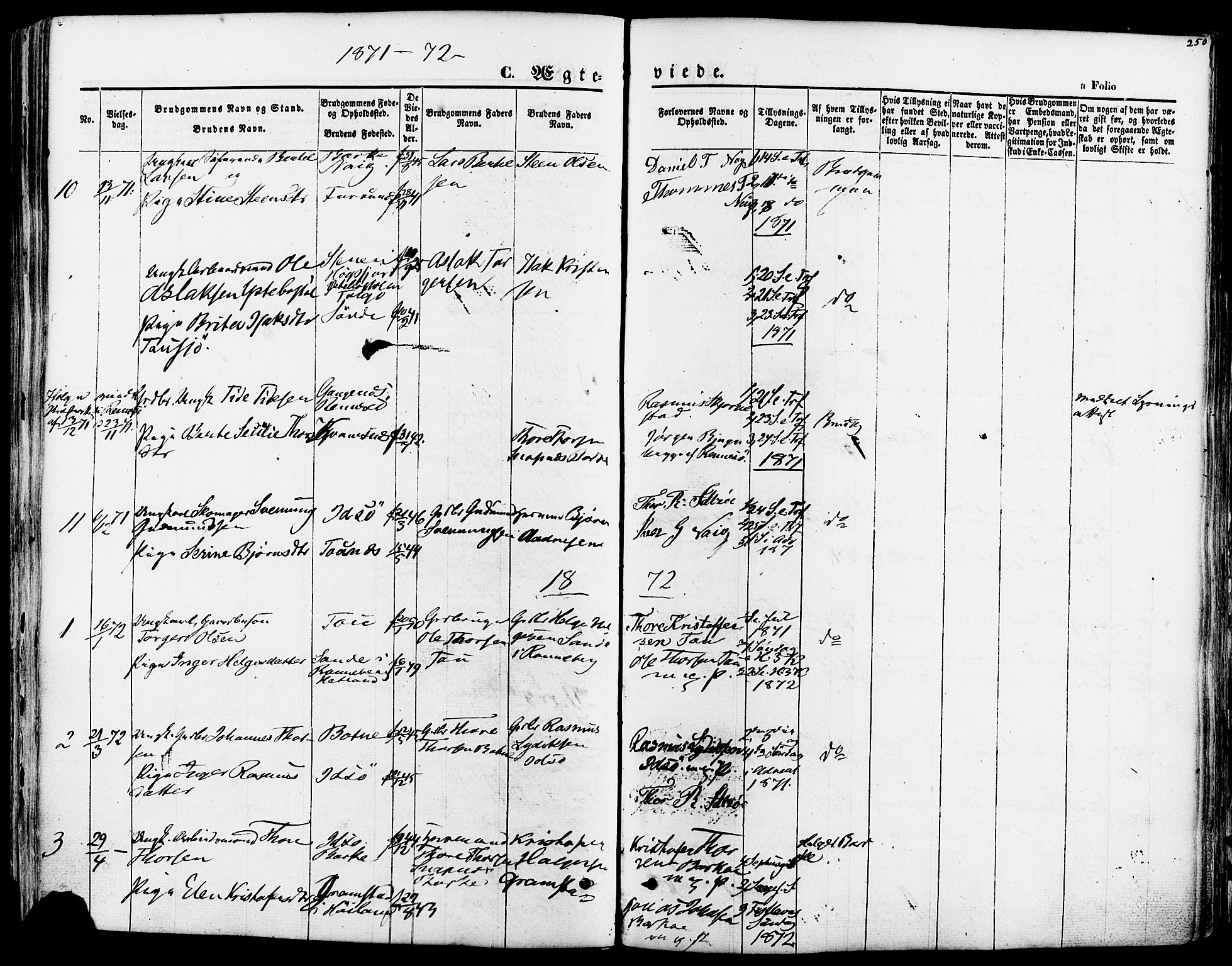 Strand sokneprestkontor, SAST/A-101828/H/Ha/Haa/L0007: Parish register (official) no. A 7, 1855-1881, p. 250