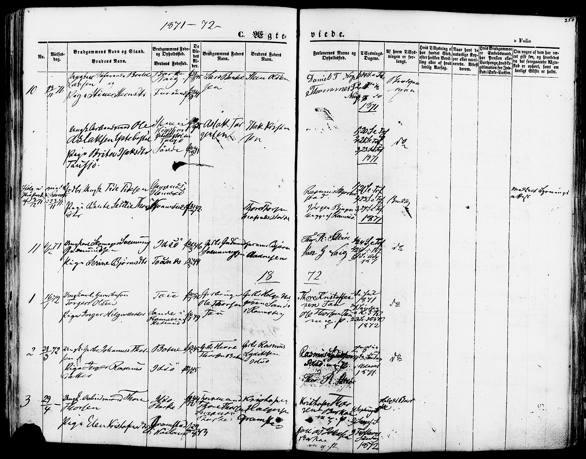 Strand sokneprestkontor, AV/SAST-A-101828/H/Ha/Haa/L0007: Parish register (official) no. A 7, 1855-1881, p. 250