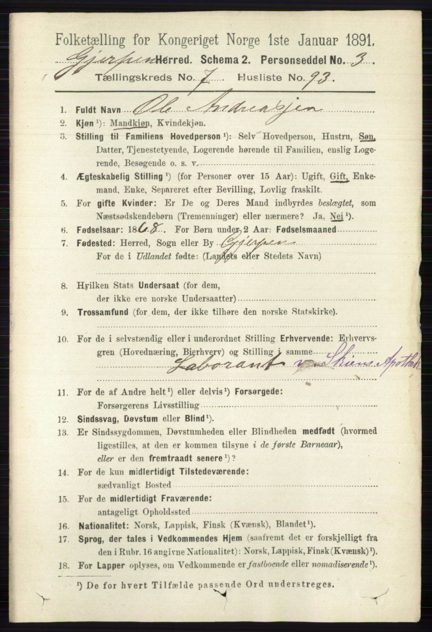 RA, 1891 census for 0812 Gjerpen, 1891, p. 3887